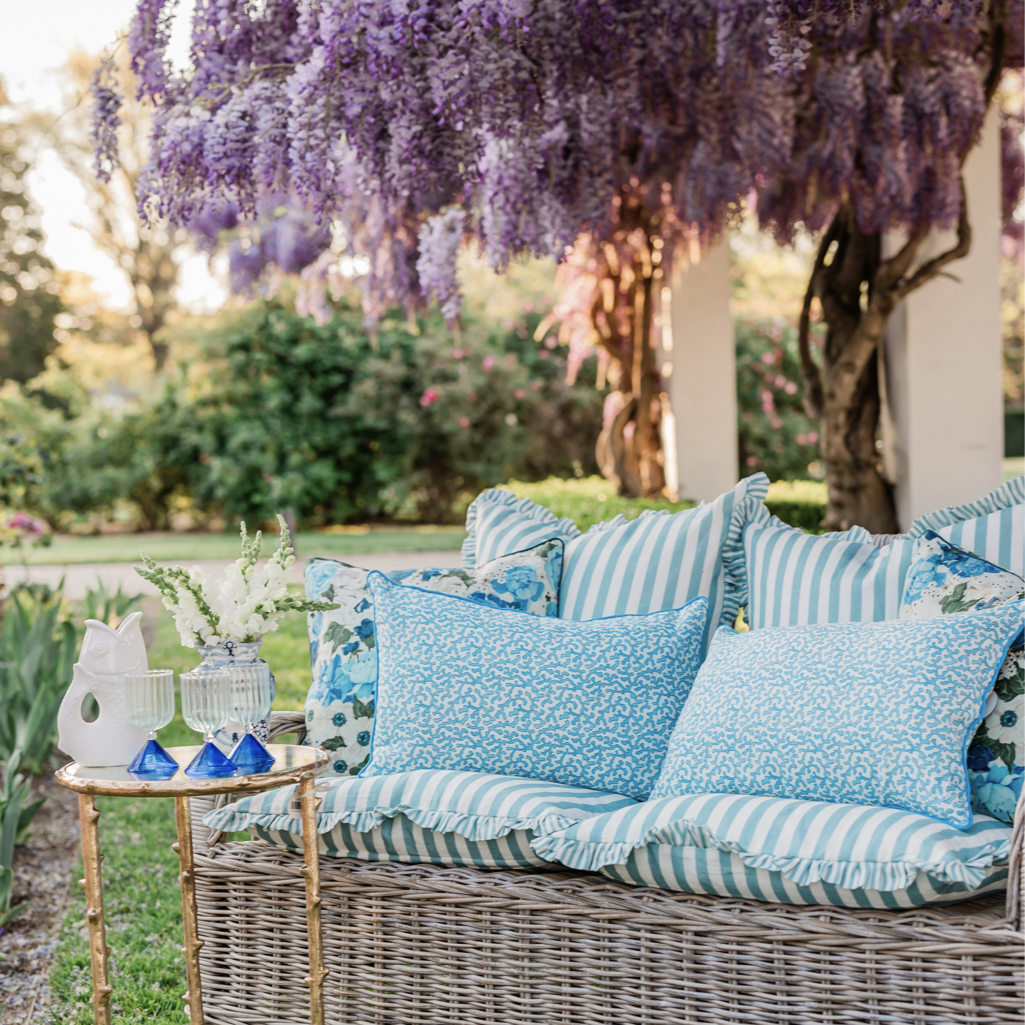 Buy Luxe Cushions & Linens - Blue Ruffle Stripe Linen Cushion Cover 65 x 65 - By Luxe & Beau Designs 