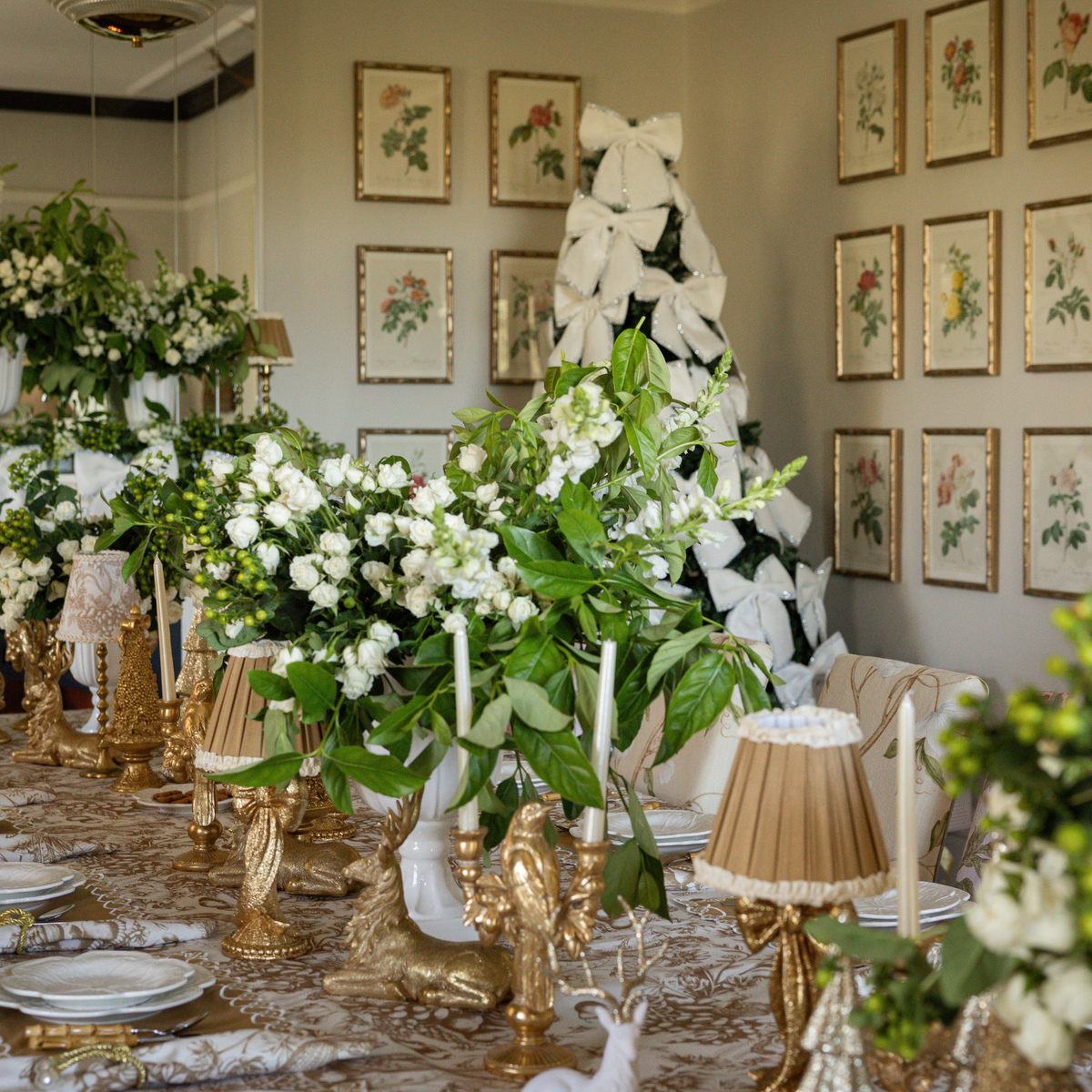 Gold Toile Christmas table styled with Gold Toile table cloth