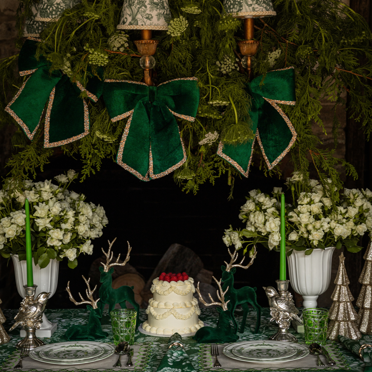 Green Toile Christmas table styled with Green Toile table cloth, green velvet glitter trim bows and Green Toile lamp shade