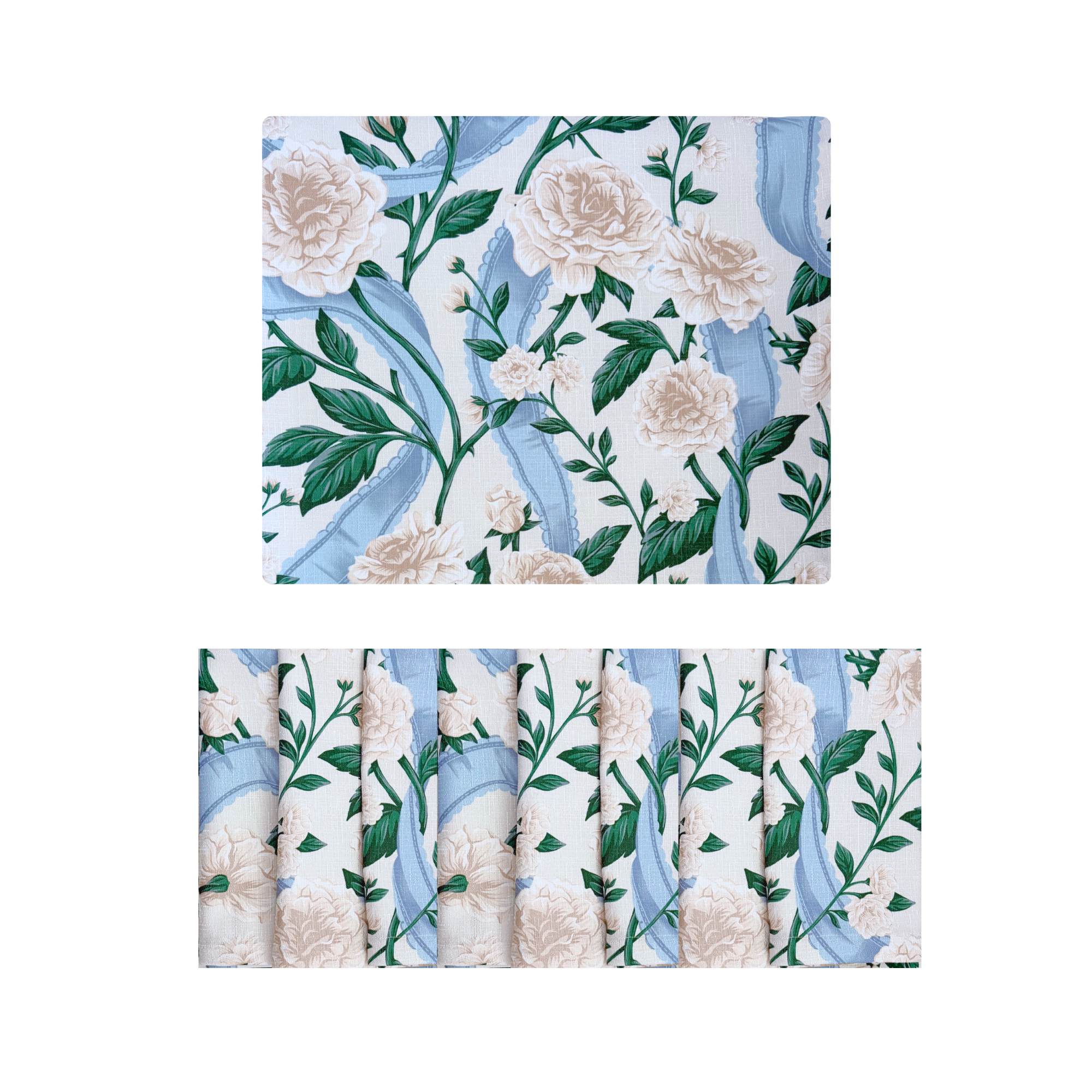 Ribbons and Roses Porcelain Blue Table Cloth + 8 Napkins - LUXE AND BEAU