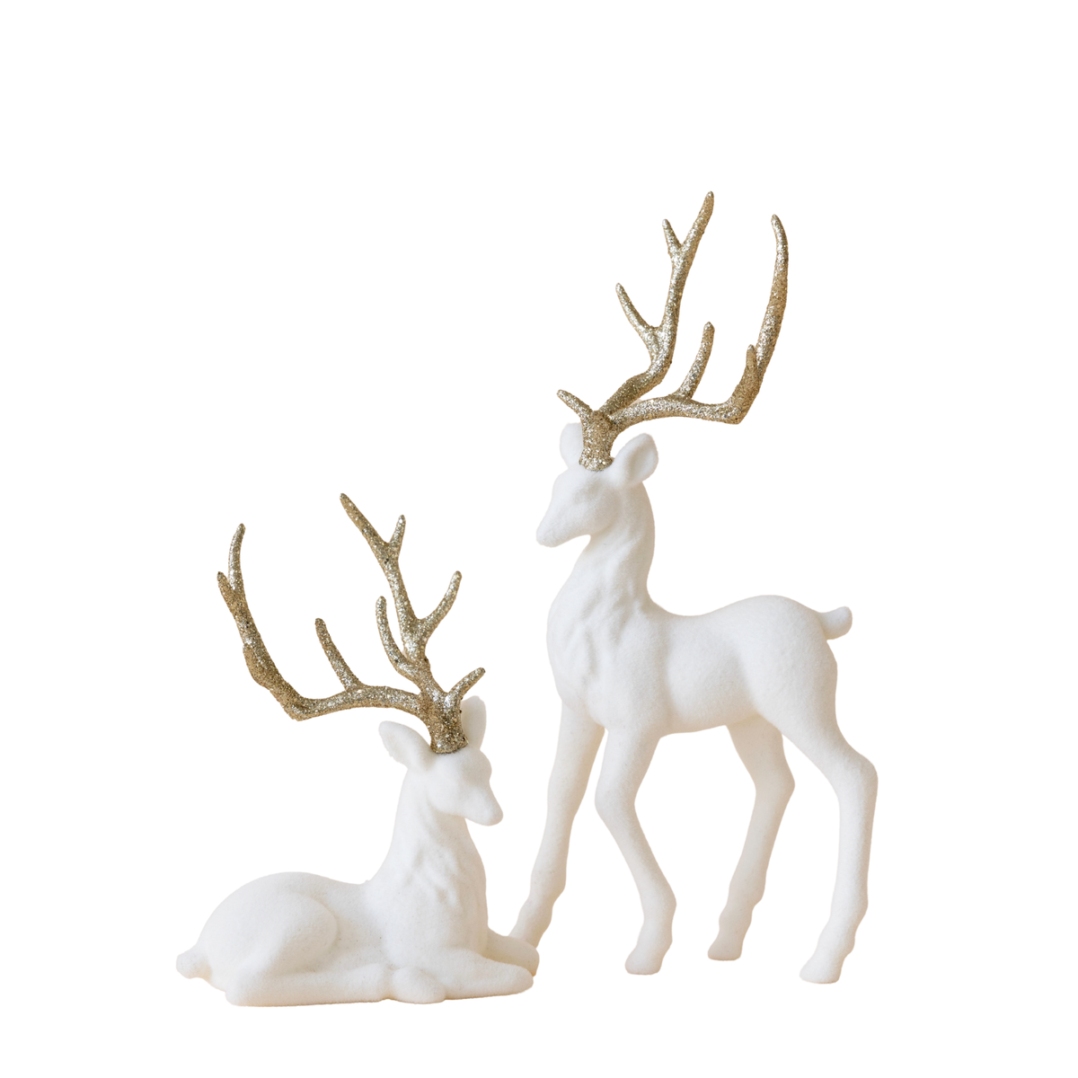 Cream velvet sitting and standing reindeer with gold glitter antlers