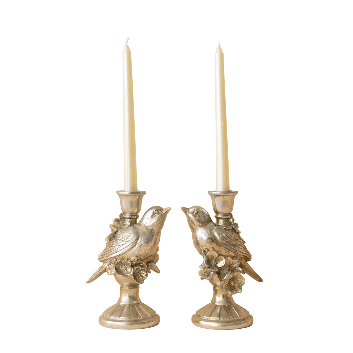Pair of silver bird candle holders with taper candles
