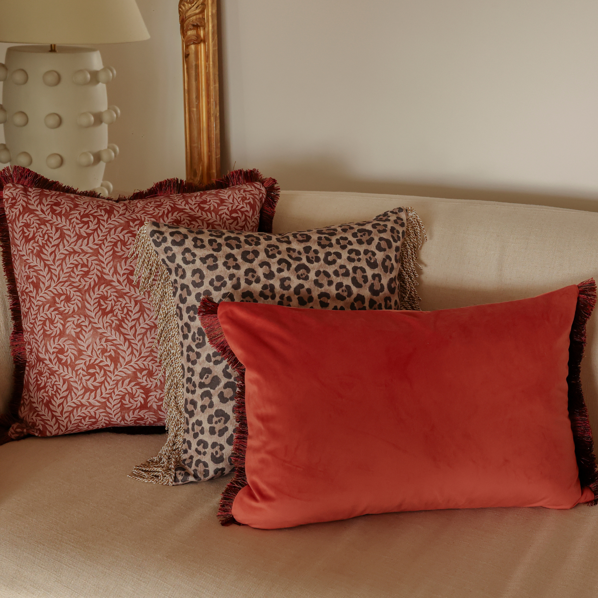 Twill Fringe Terracotta Vine Cushion Cover 50x50cm - LUXE AND BEAU