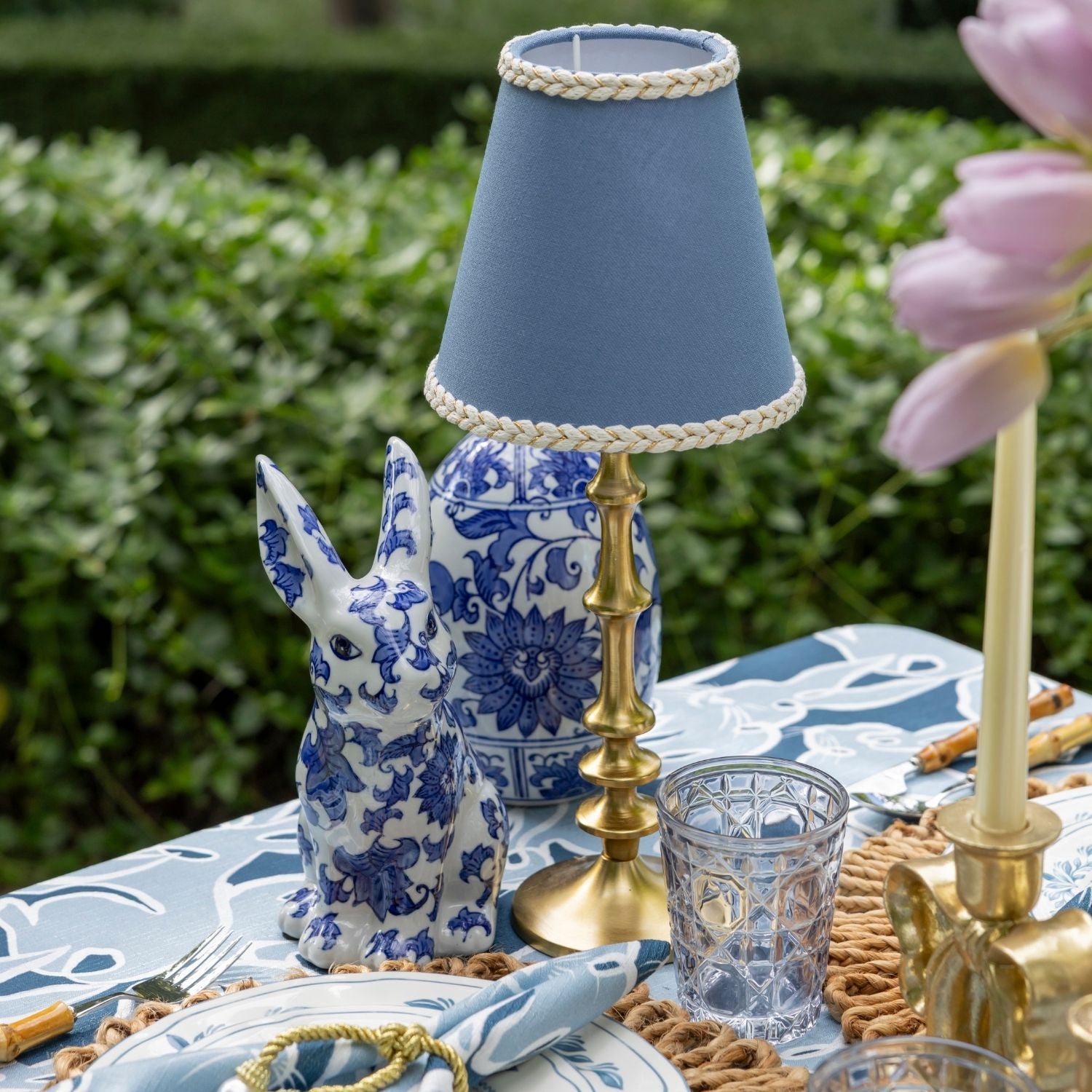 Ocean Blue Braided Trim Lamp Shade & Brass Base - Table Lamp - LUXE AND BEAU