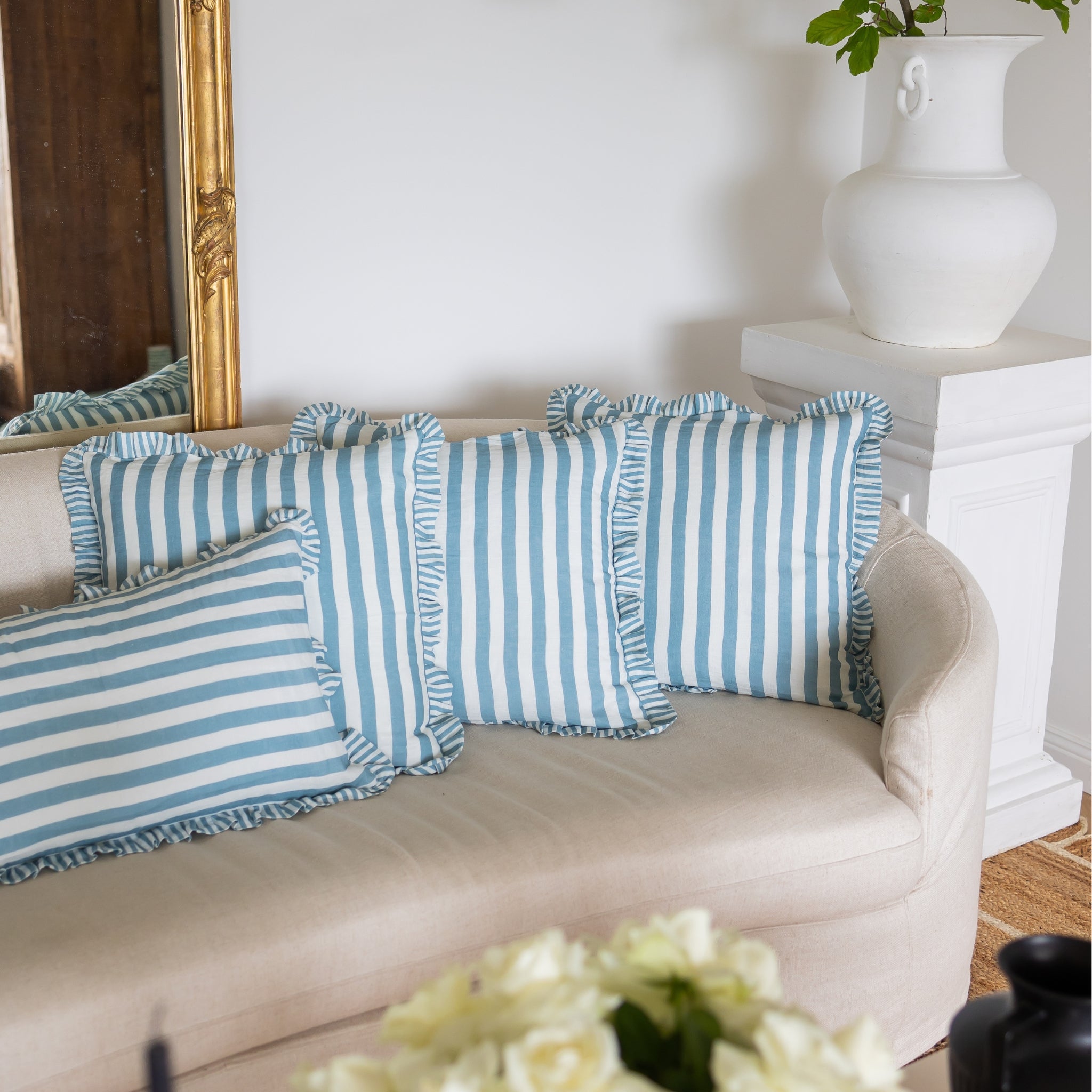 Buy Luxe Cushions & Linens - Blue Ruffle Stripe Linen Cushion Cover 50x50 - By Luxe & Beau Designs 