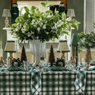 Green and Black Plaid Christmas table styled with Green and Black Plaid table cloth and Green and Black Plaid napkins