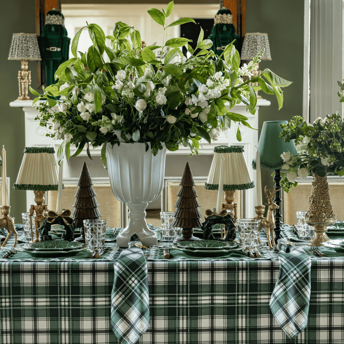 Green and Black Plaid Christmas table styled with Green and Black Plaid table cloth and Green and Black Plaid napkins
