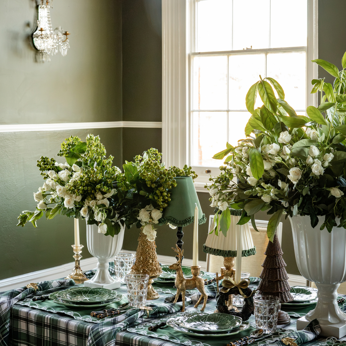 Green and Black Plaid Christmas table styled with olive ruffle lamp shade, black lamp base and Audrey cream and hunter green shade