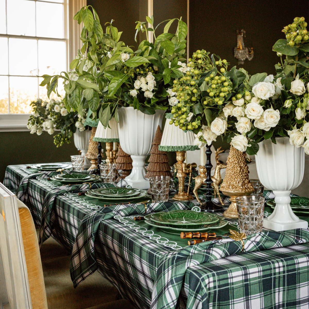 Green and Black Plaid Christmas table styled with Green and Black Plaid table cloth and Green and Black Plaid napkins
