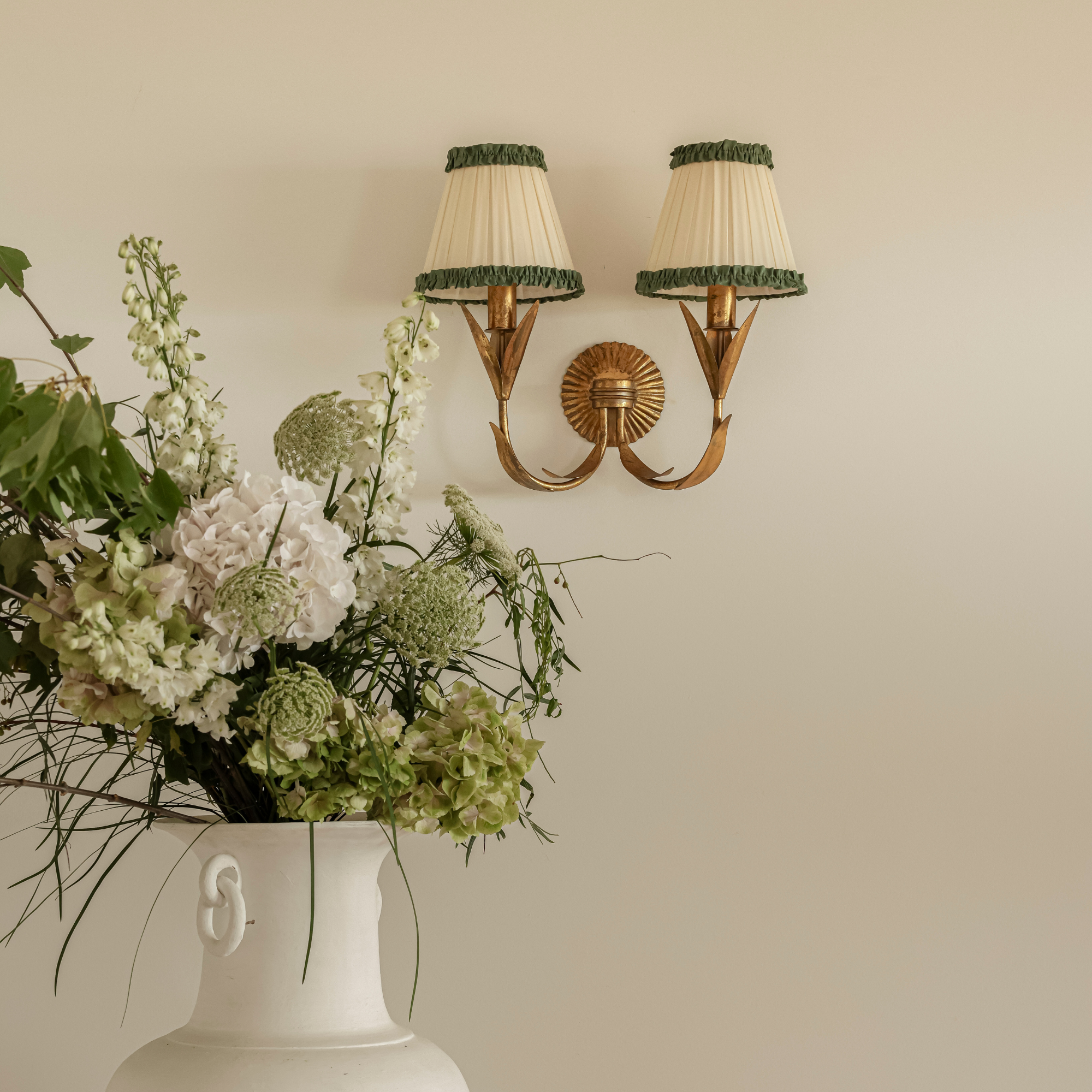 Audrey Cream and Hunter Green Ruffle Shade and La Fleur Antique Gold Wall Sconce - LUXE AND BEAU