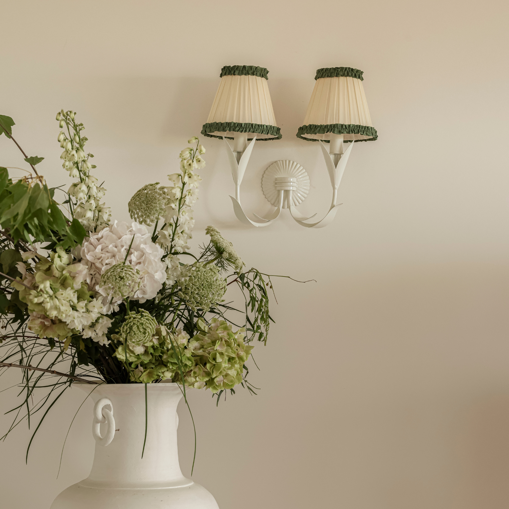 Audrey Cream and Hunter Green Ruffle Shade and La Fleur Ivory Wall Sconce - LUXE AND BEAU