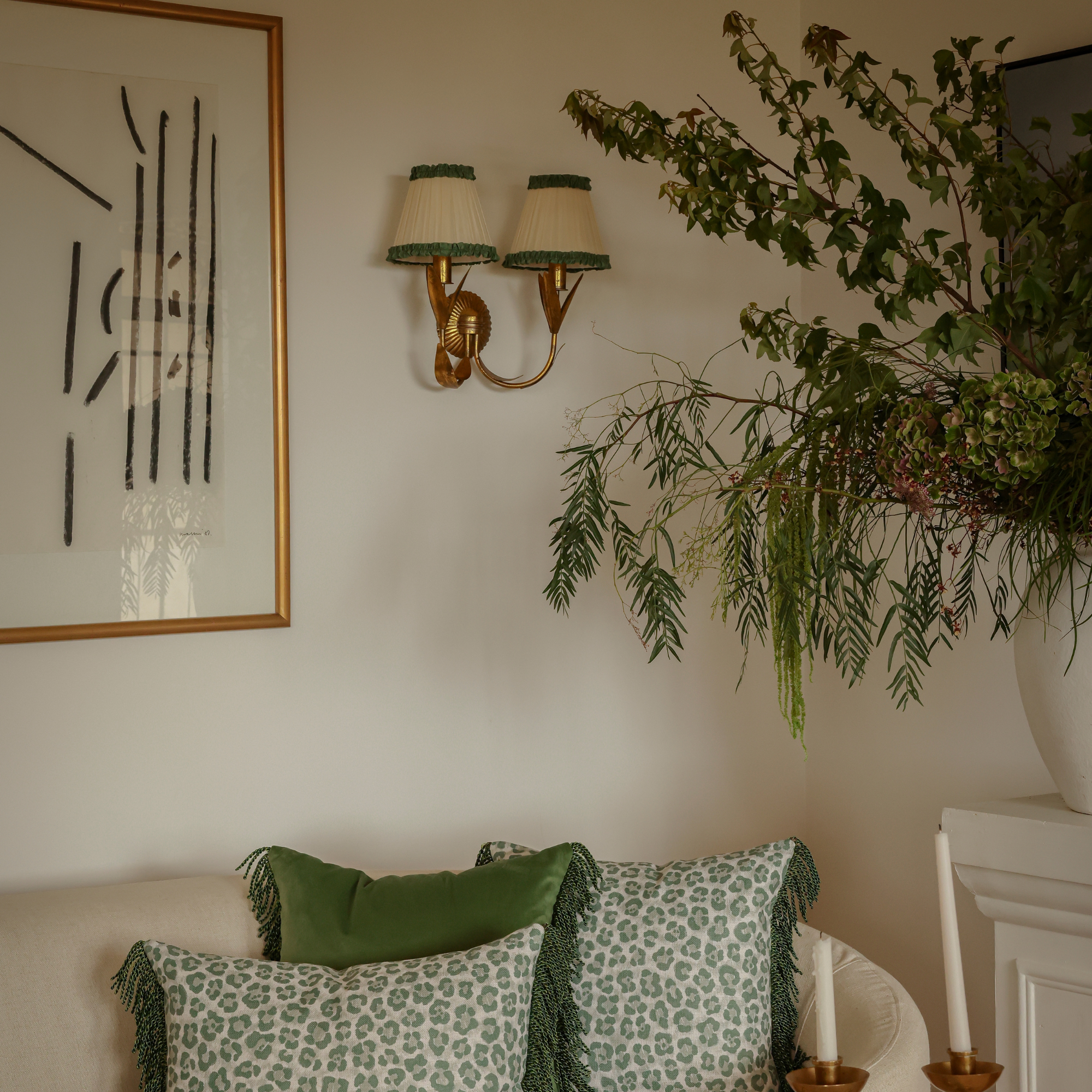 Audrey Cream and Hunter Green Ruffle Shade and La Fleur Antique Gold Wall Sconce - LUXE AND BEAU