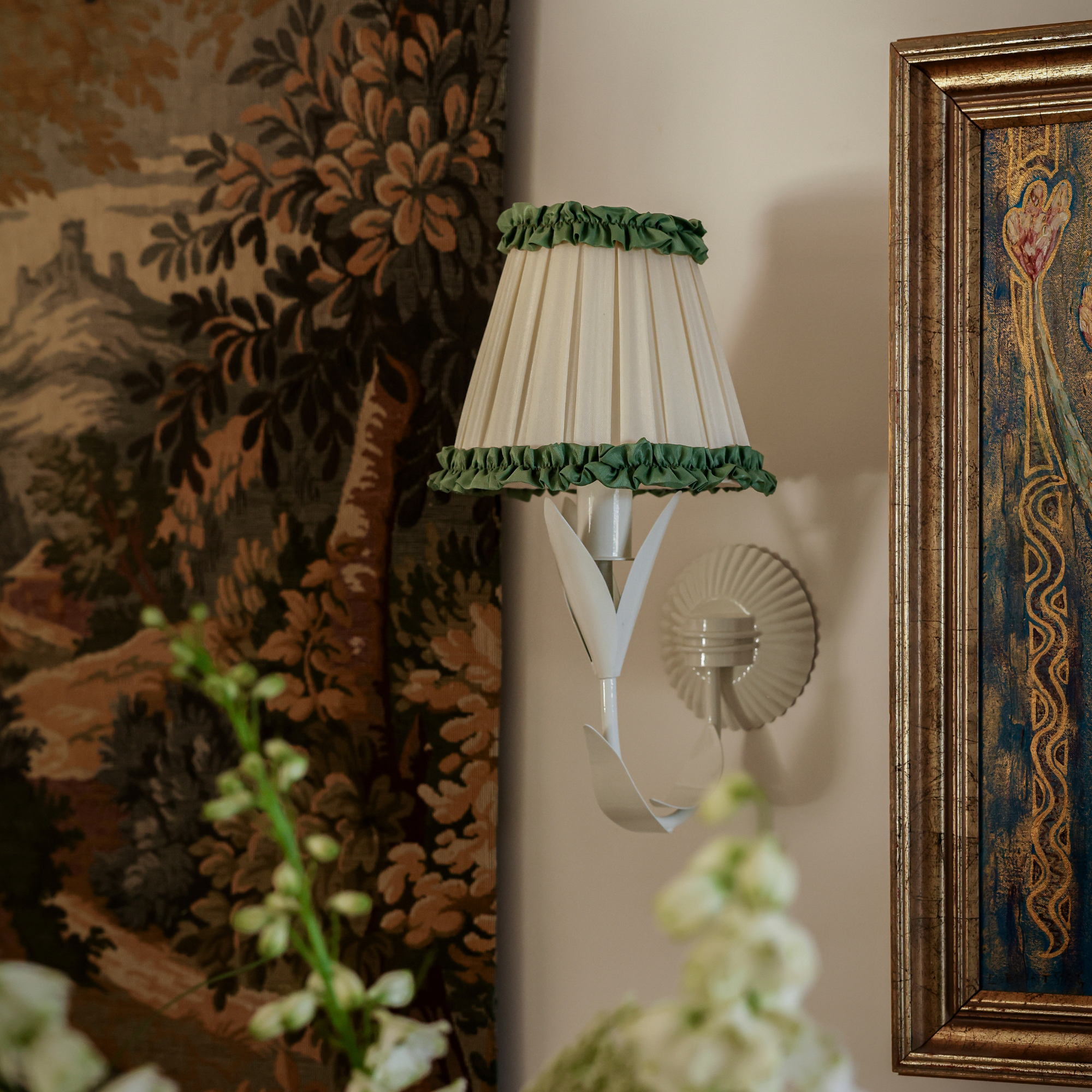 Audrey Cream and Hunter Green Shade and La Fleur Ivory Wall Sconce - LUXE AND BEAU