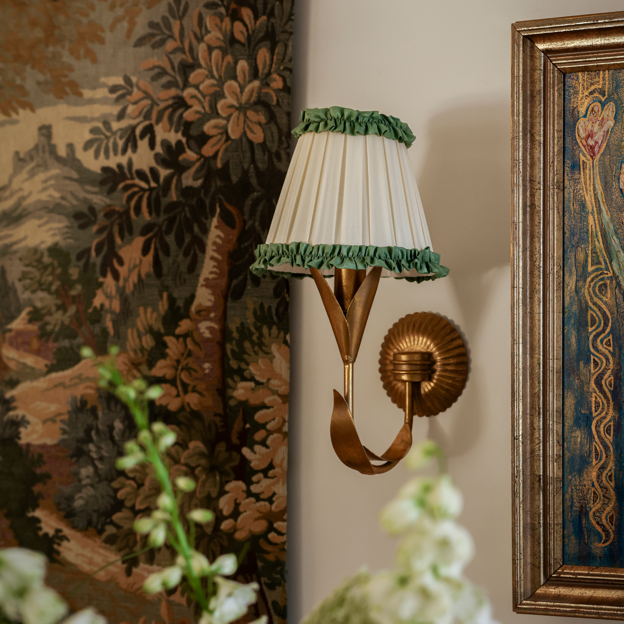 Audrey Cream and Hunter Green Ruffle Shade and La Fleur Antique Gold Wall Sconce - LUXE AND BEAU