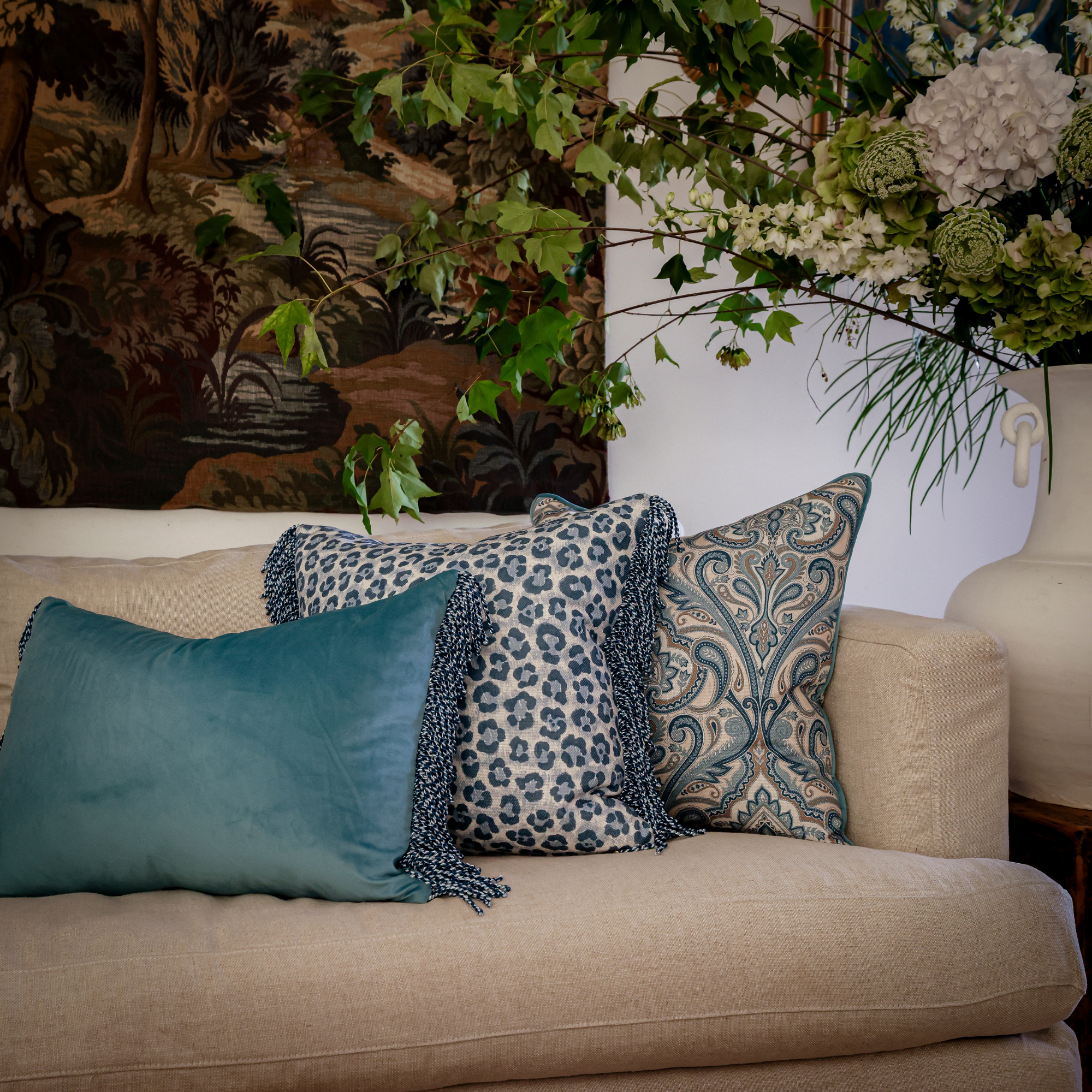 Bullion Fringe Bleu Velvet Cushion Cover 40x60cm - LUXE AND BEAU