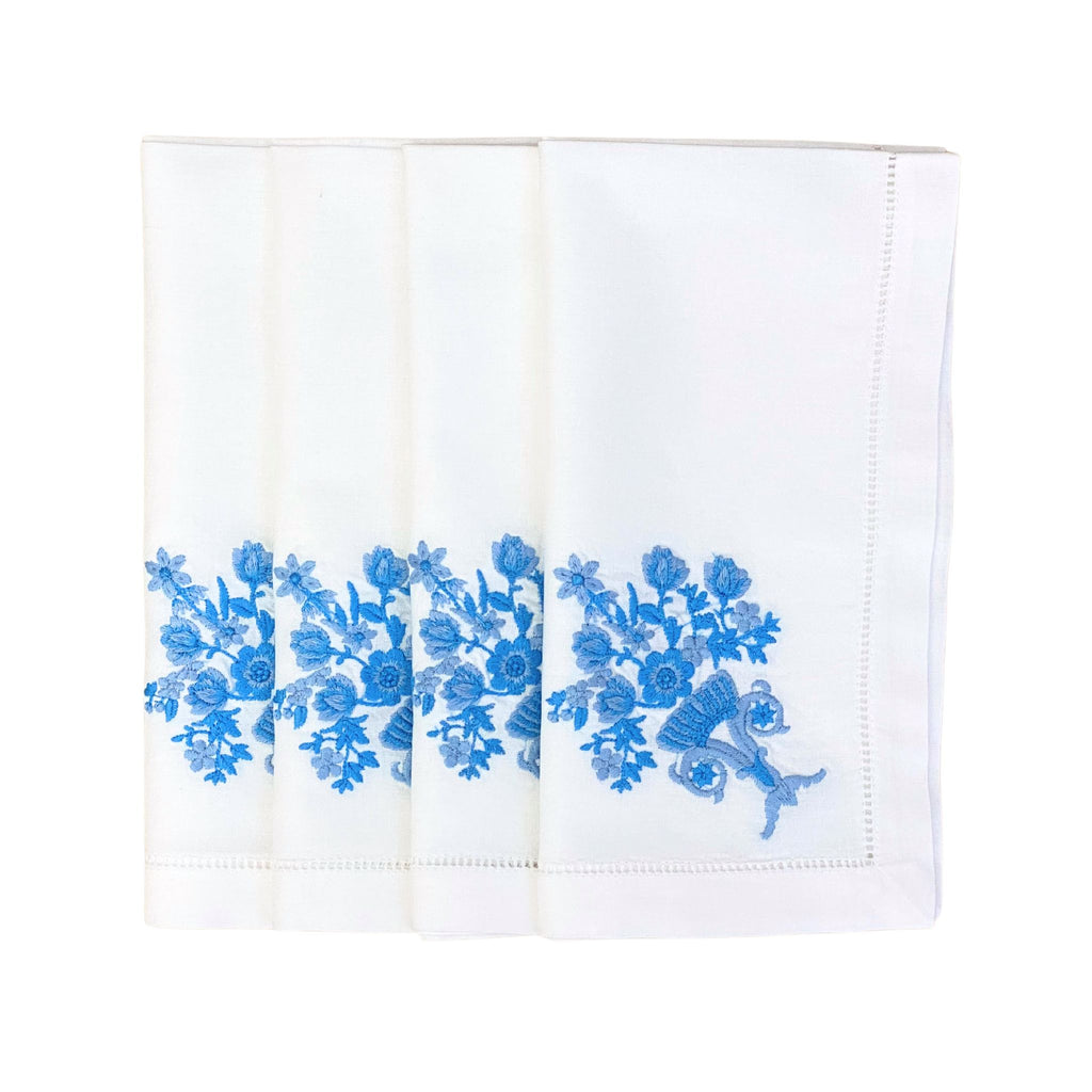 Buy Luxe Cushions & Linens - Blue Floral Embroidered Napkins (Set of 4) - By Luxe & Beau Designs 