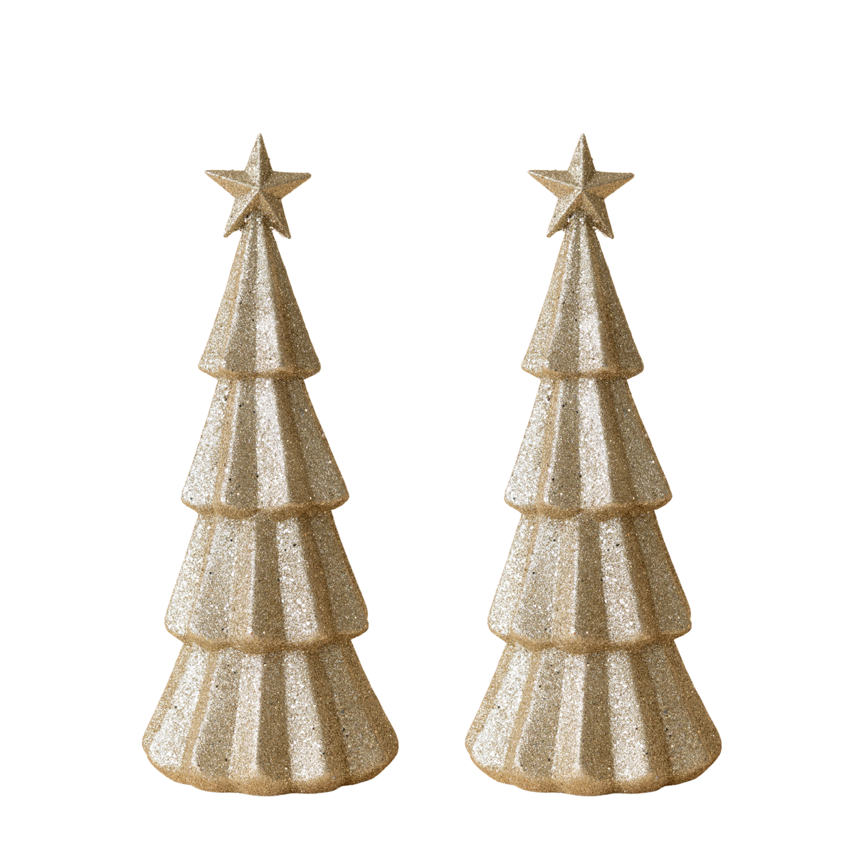 Pair of large champagne glitter Christmas trees with star tops