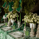 Green Toile Christmas table styled with Green Toile table cloth, Green Toile napkins and green velvet glitter trim bows