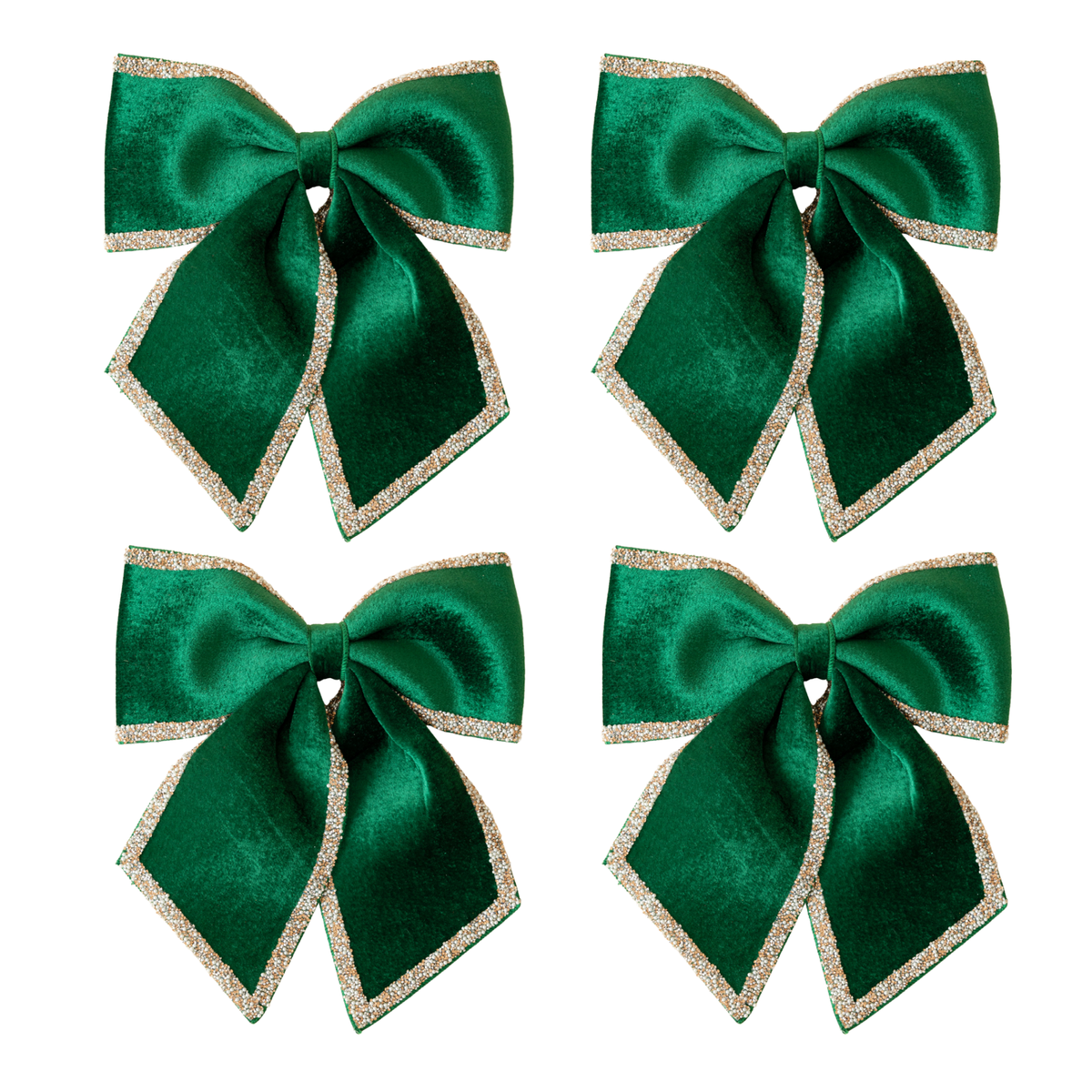 Set of four green velvet bows with champagne glitter trim