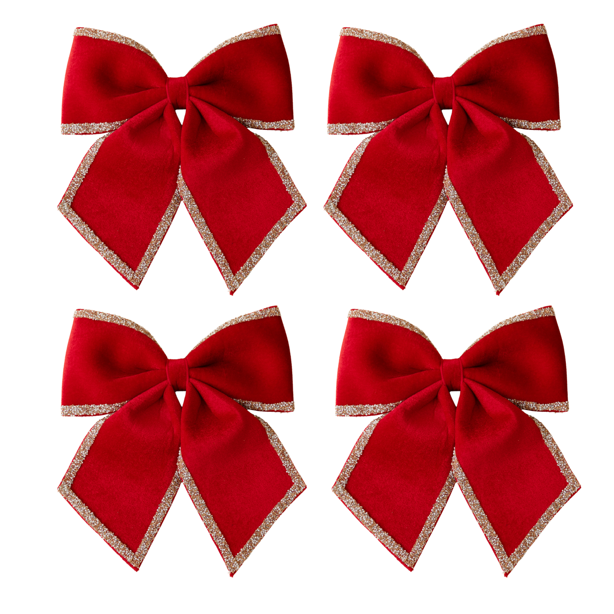 Set of four red velvet bows with champagne glitter trim