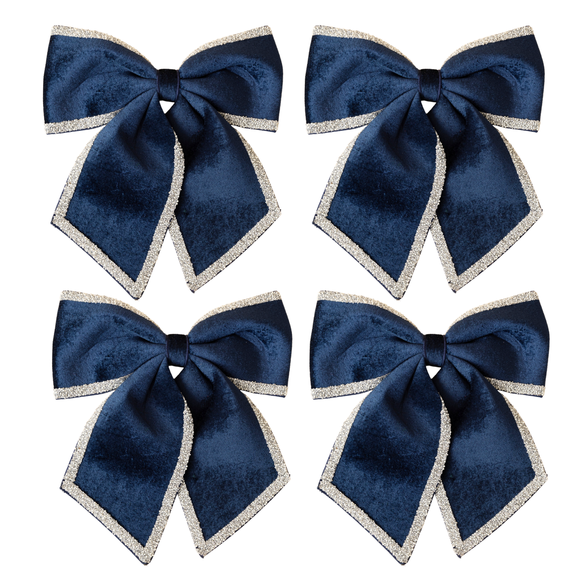 Set of four navy velvet bows with silver glitter trim