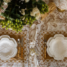 Gold Toile Christmas table styled with Gold Toile table cloth, Gold Toile napkins and gold placemats with ivory embroidery