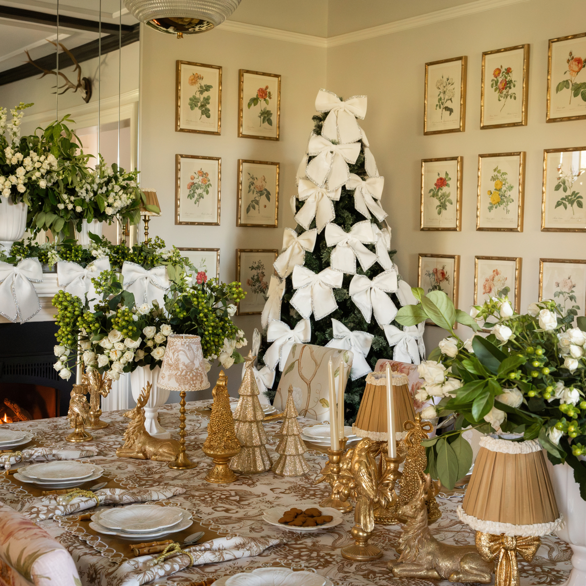 Gold Toile Christmas table styled with Gold Toile table cloth