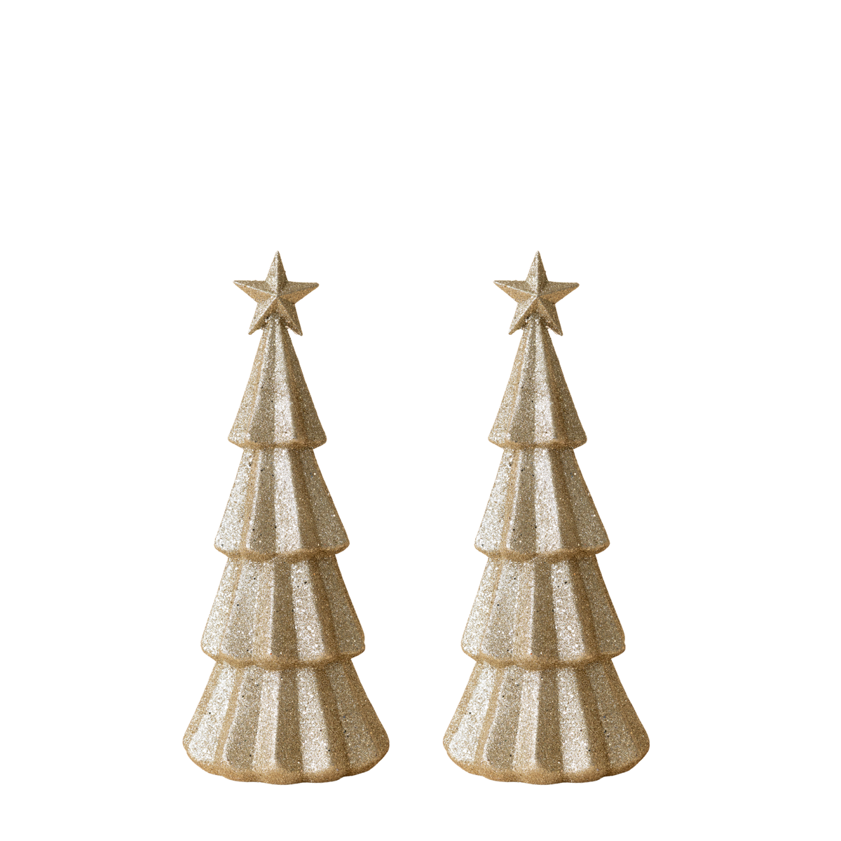 Pair of small champagne glitter Christmas trees with star tops