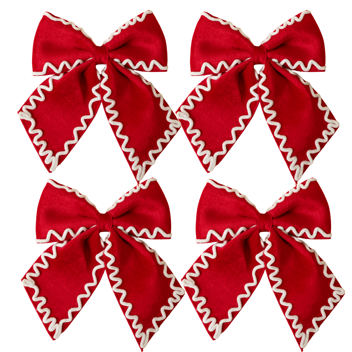 Set of four red bows with ivory ric rac trim