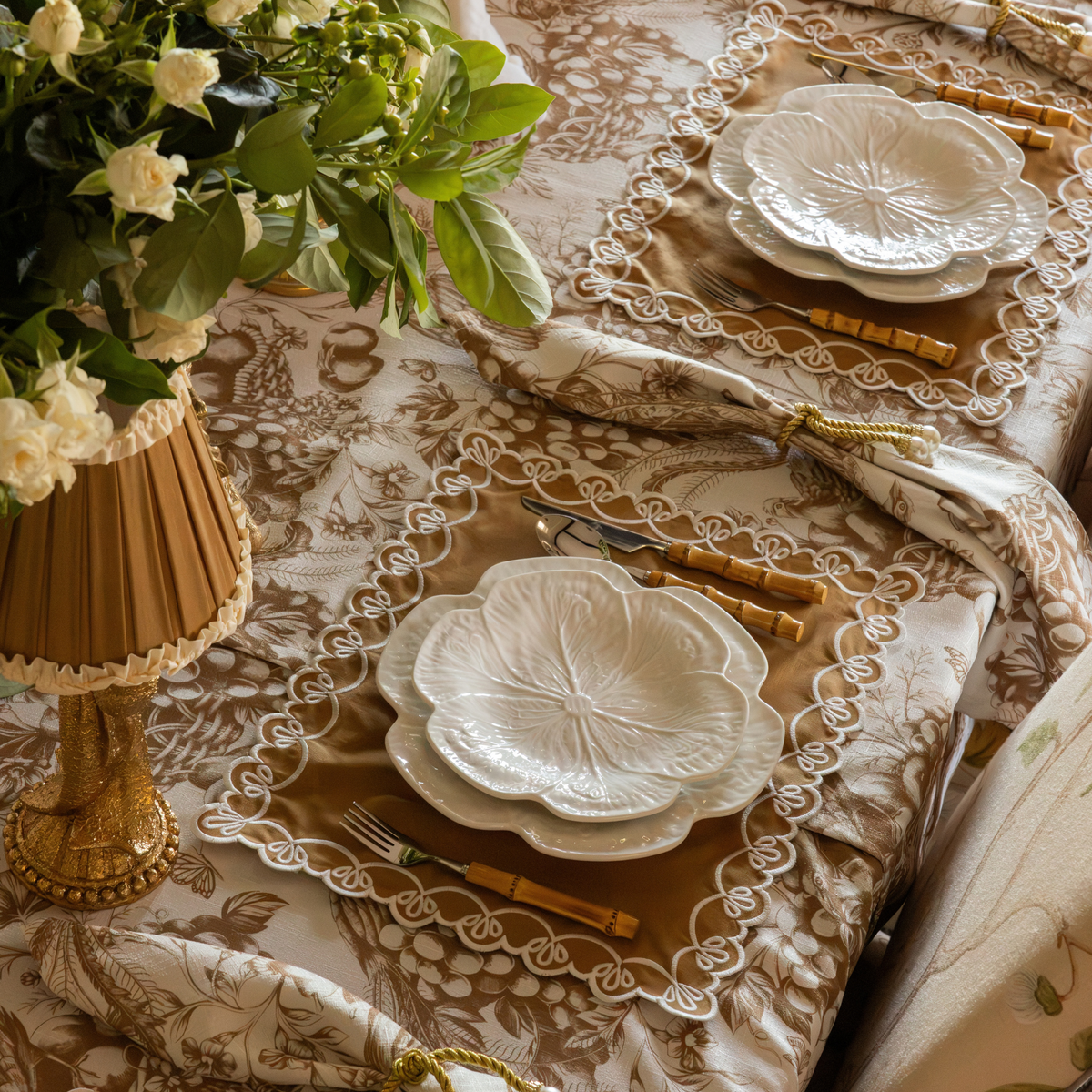 Gold Toile Christmas table styled with Gold Toile table cloth, Gold Toile napkins and gold placemats with ivory embroidery