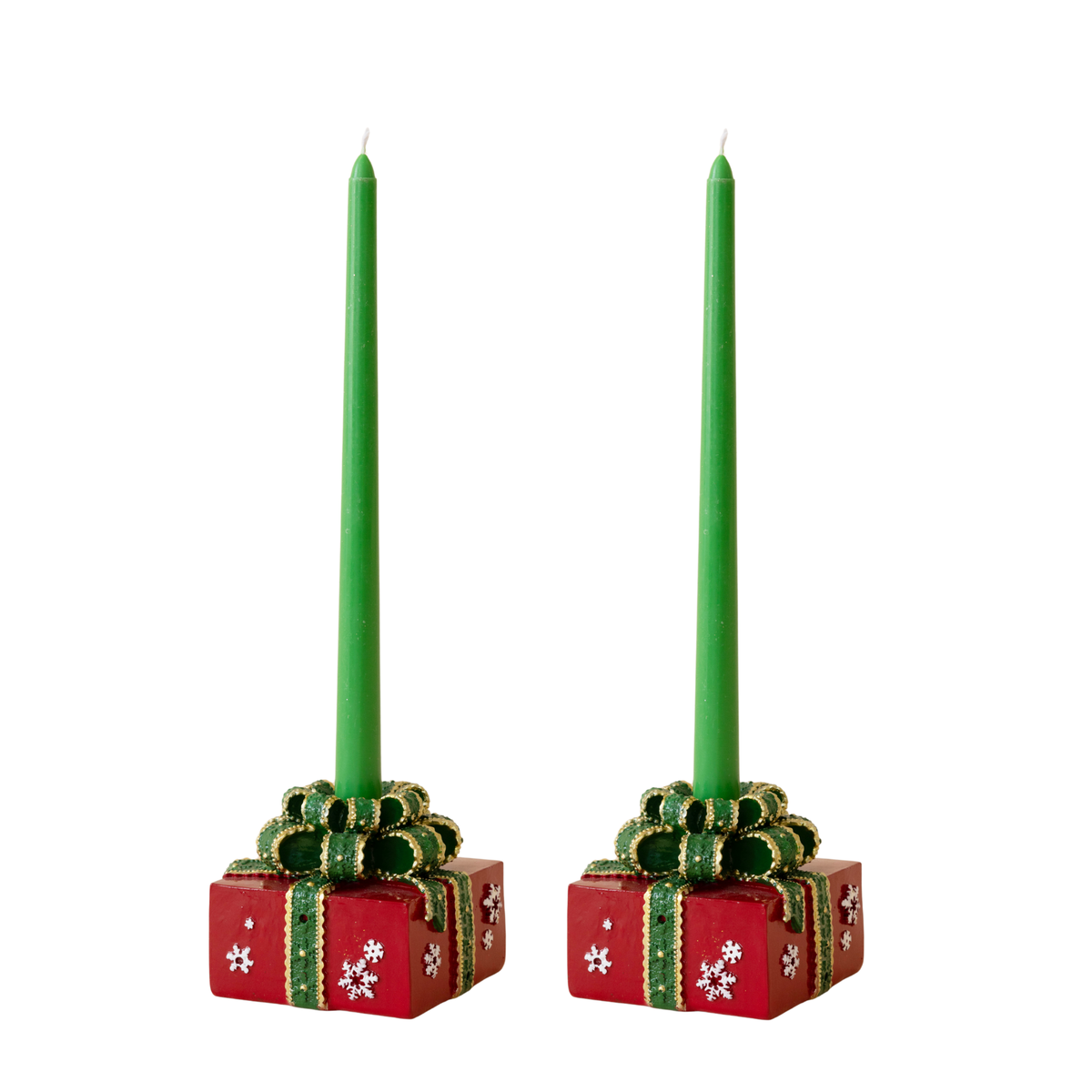 Pair of red Christmas present candle holders with green taper candles