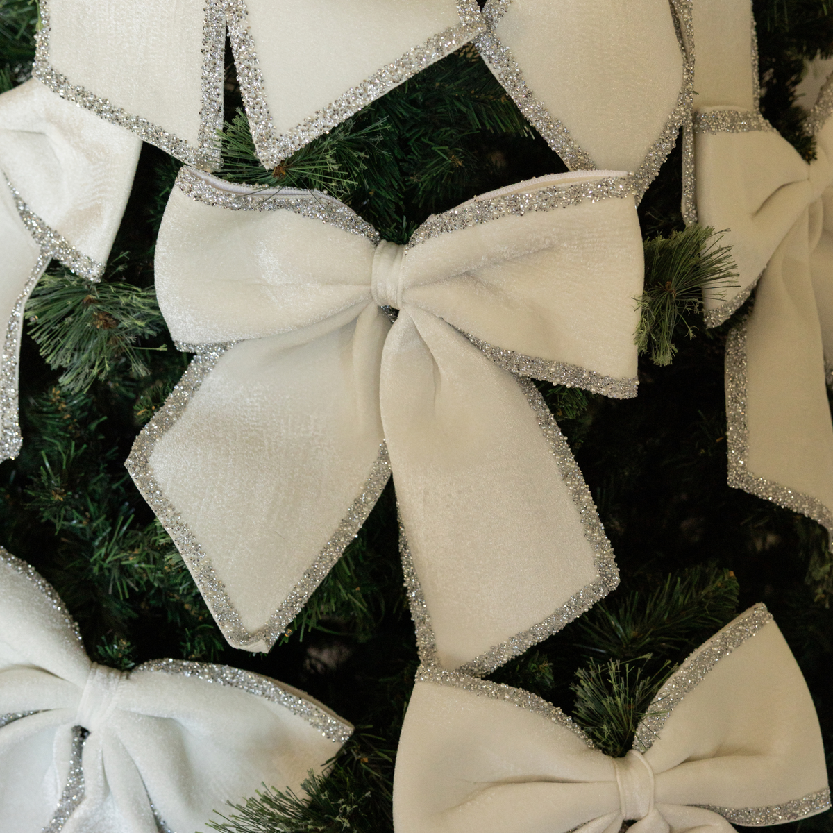 Velvet glitter trim bows on the Gold Toile Christmas tree