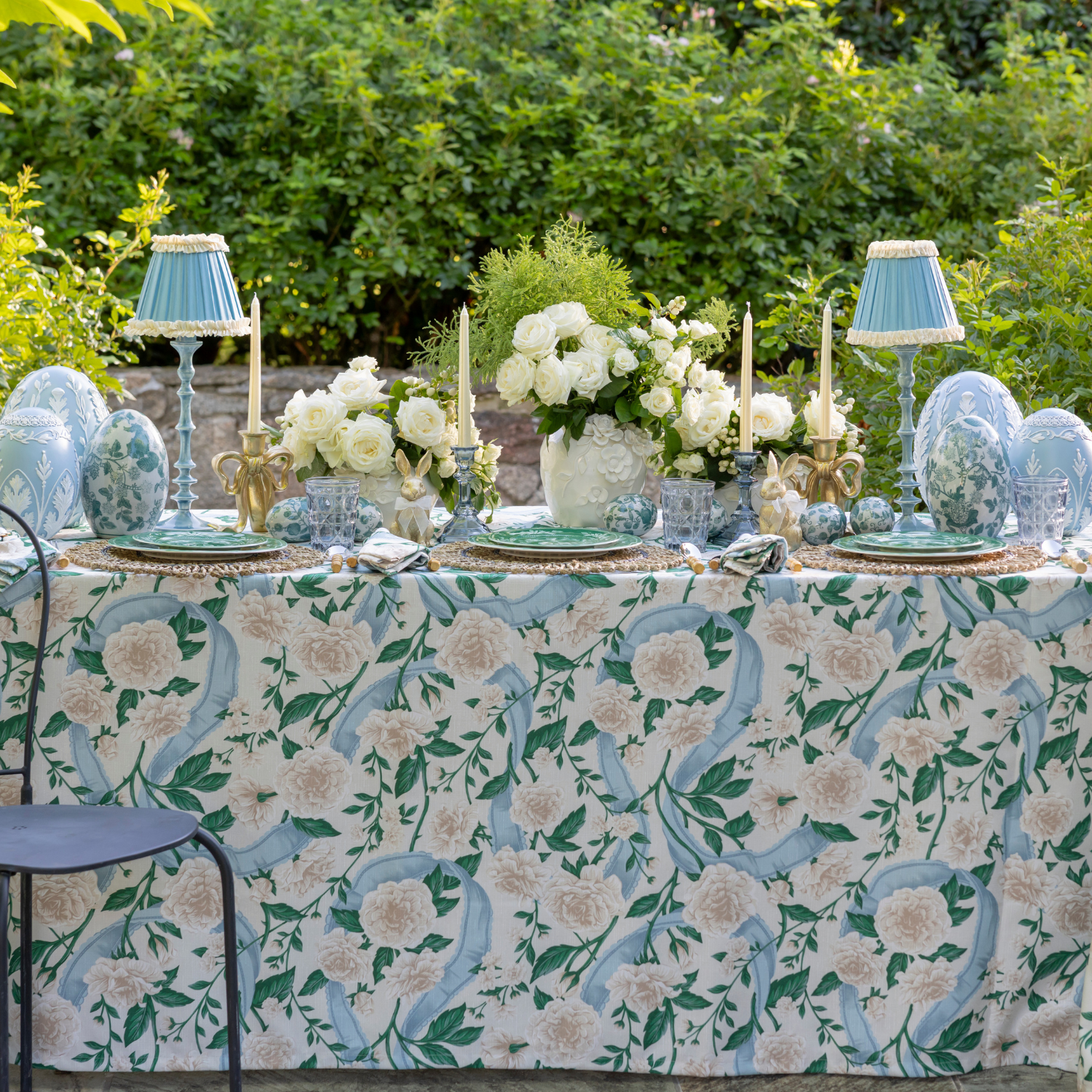 Audrey Sky Blue and Cream Ruffle Lamp Shade & Ocean Blue Base - Table Lamp - LUXE AND BEAU