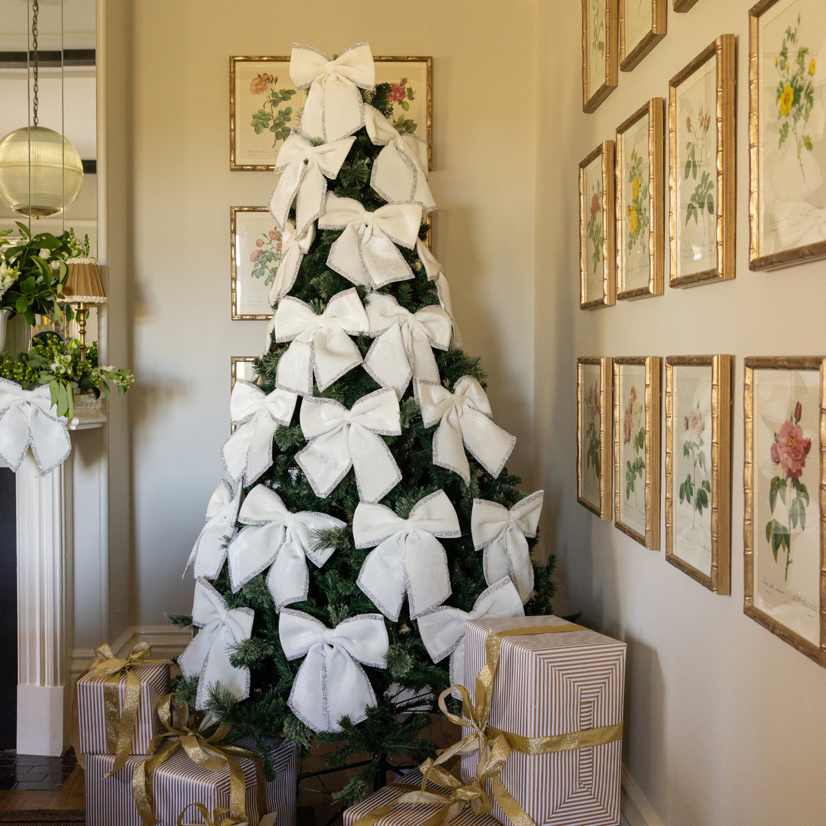 Gold Toile Christmas tree styled with velvet glitter trim bows
