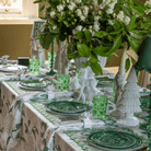 Cream Hydrangea Christmas table styled with Cream Hydrangea table cloth, Cream Hydrangea napkins and green and white Chinoiserie plates