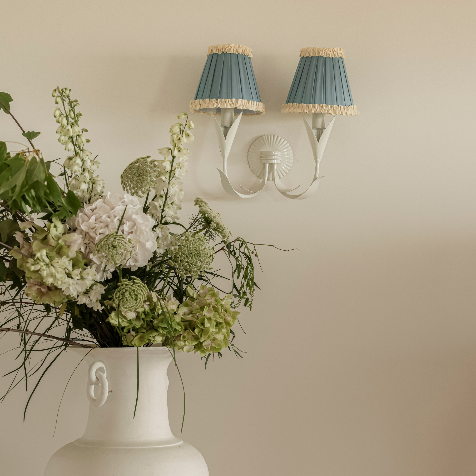 Audrey Sky Blue and Cream Ruffle Shade and La Fleur Ivory Wall Sconce - LUXE AND BEAU