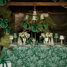 Green Toile Christmas table styled with Green Toile table cloth, Green Toile lamp shade and green velvet glitter trim bows