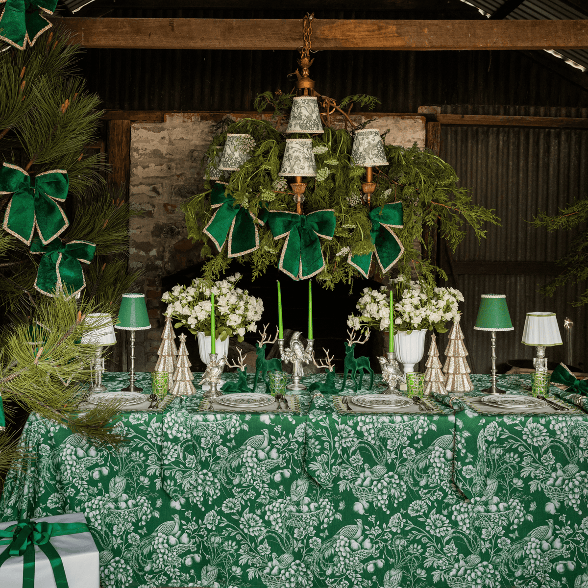 Green Toile Christmas table styled with Green Toile table cloth, Green Toile lamp shade and green velvet glitter trim bows