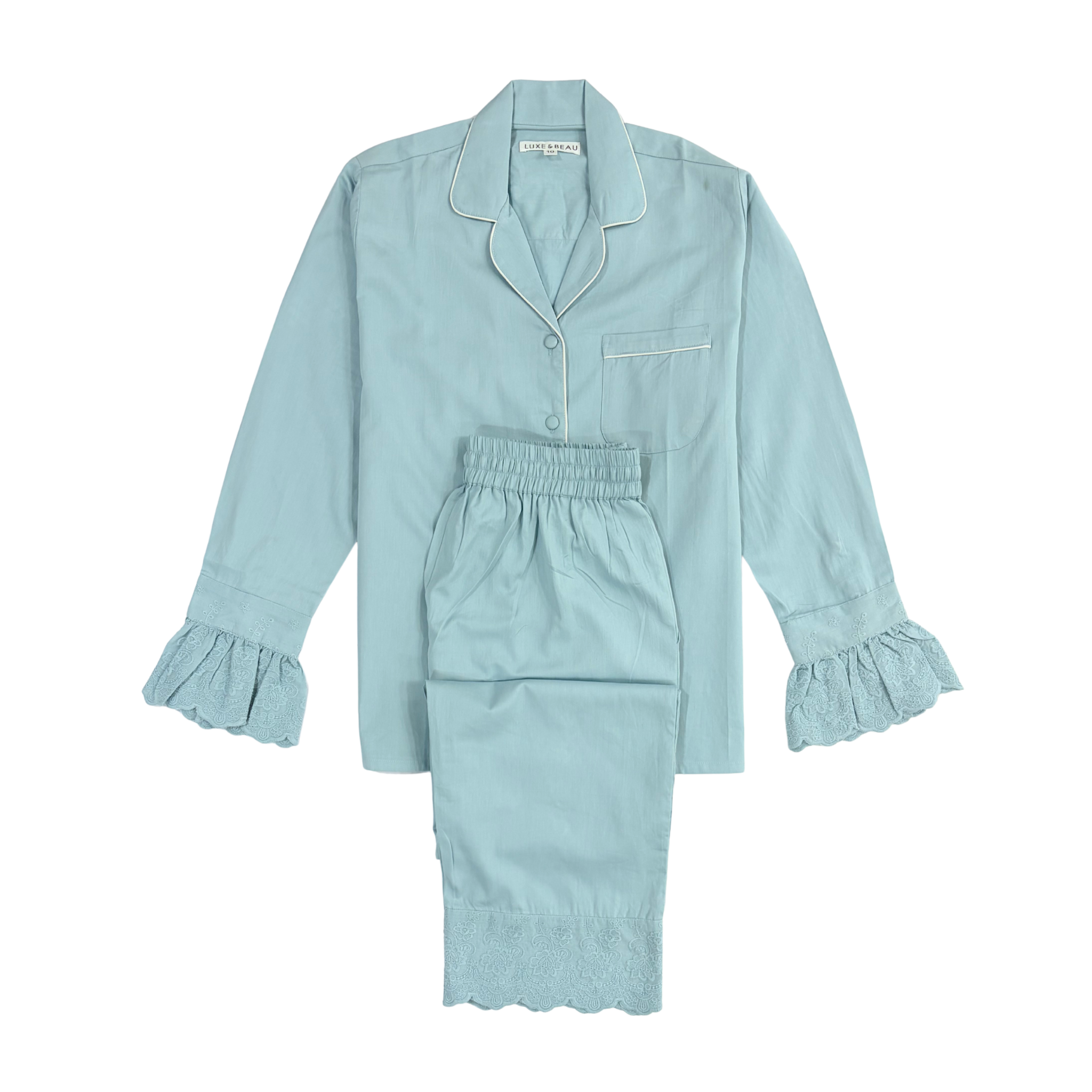 Blue Heirloom Lace Long Sleeve Pyjama Set - LUXE AND BEAU
