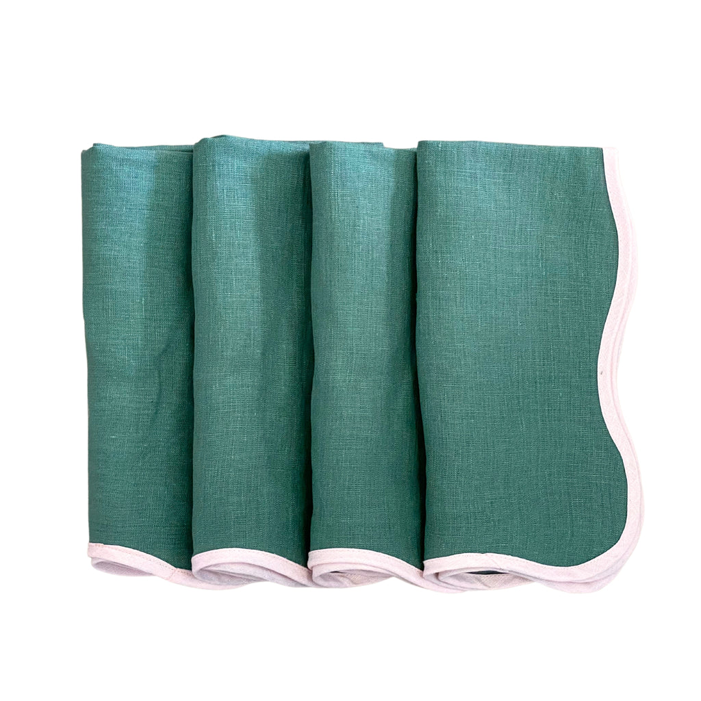 Buy Luxe Cushions & Linens - Scalloped Green with Pink Trim Napkin (Set of 4) - By Luxe & Beau Designs 