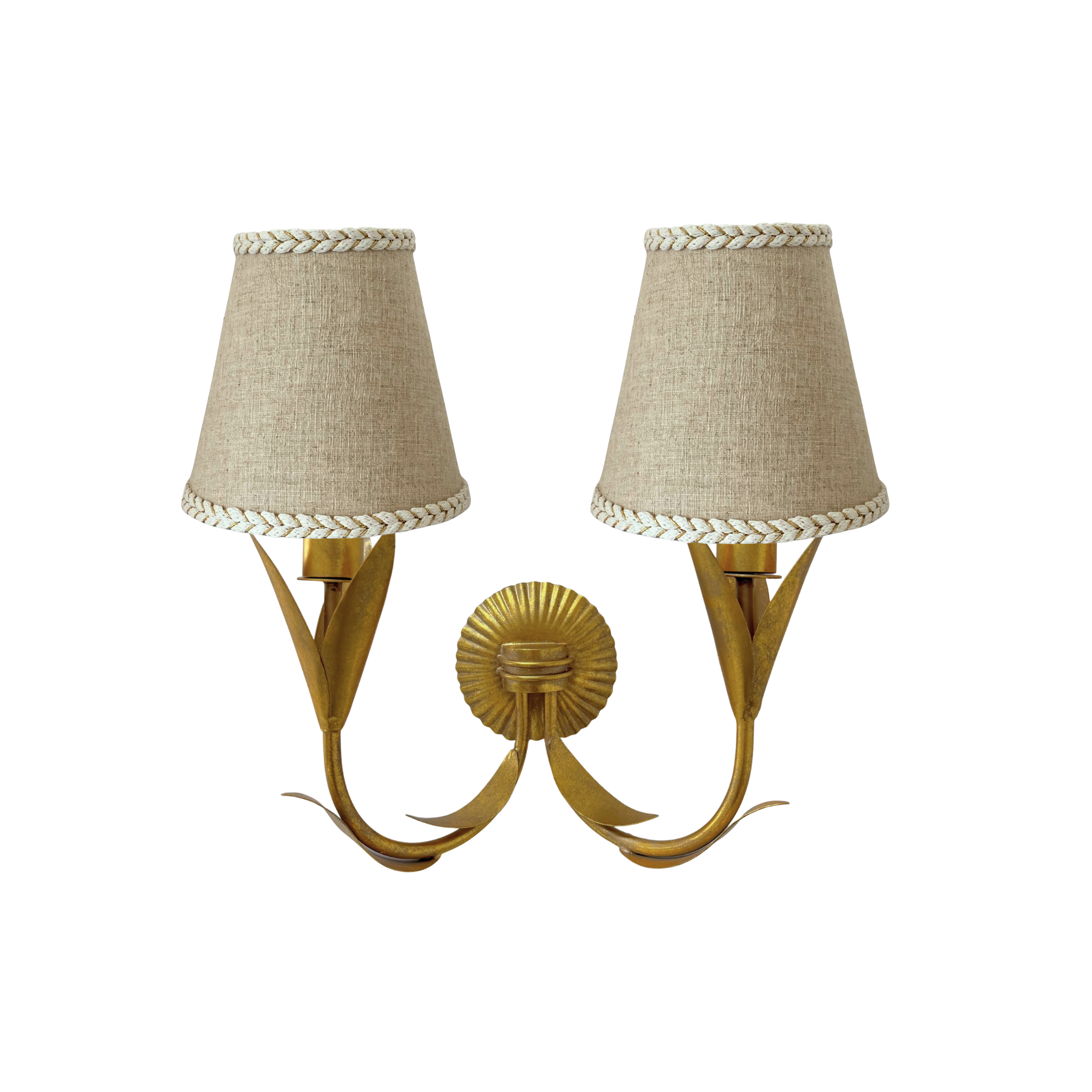 Natural Braided Trim Lamp Shade and La Fleur Antique Gold Wall Sconce - LUXE AND BEAU