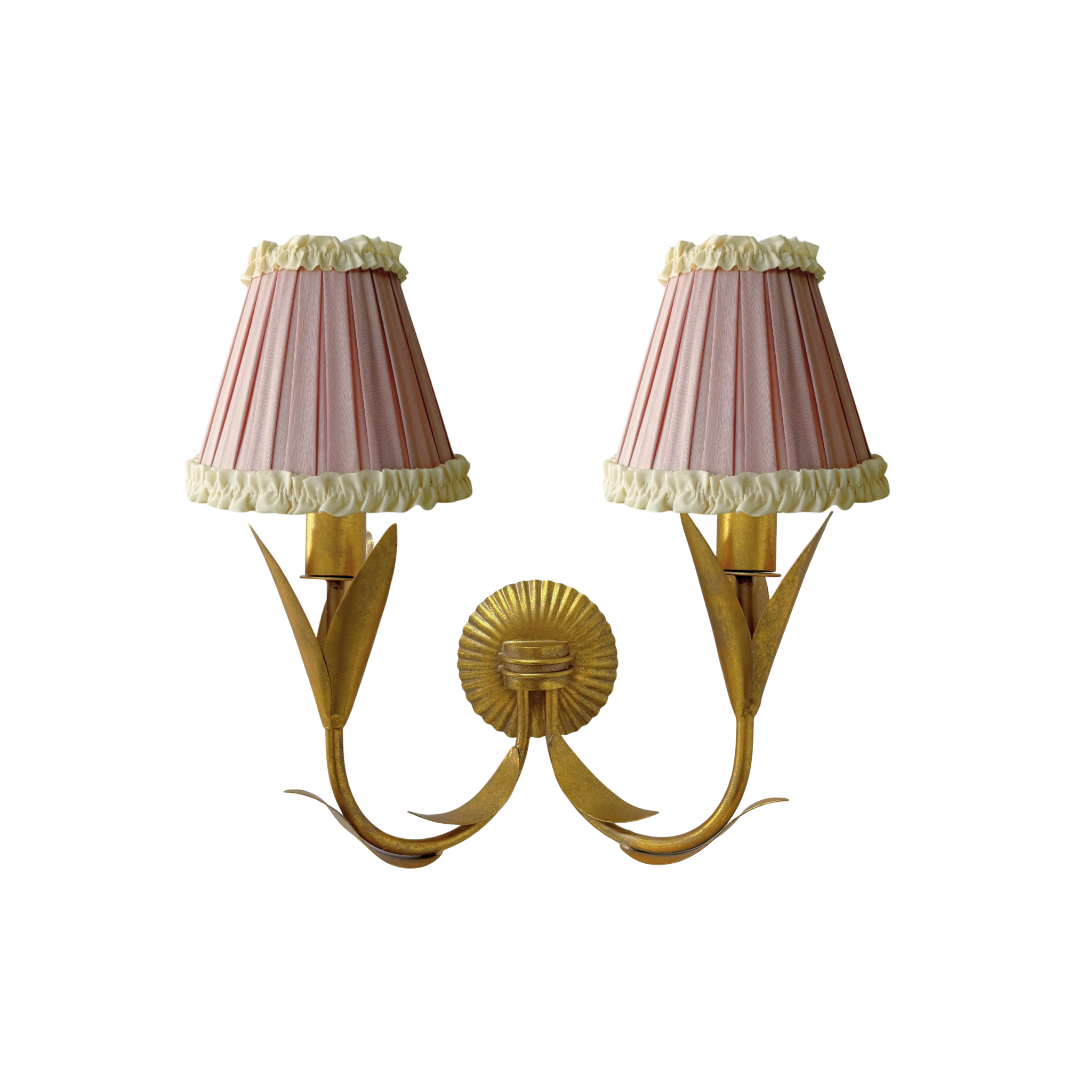 Audrey Dusty Rose and Cream Ruffle Shade and La Fleur Antique Gold Wall Sconce - LUXE AND BEAU