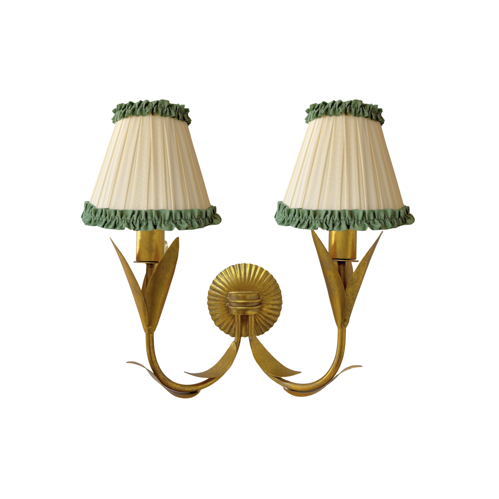 Audrey Cream and Hunter Green Ruffle Shade and La Fleur Antique Gold Wall Sconce - LUXE AND BEAU