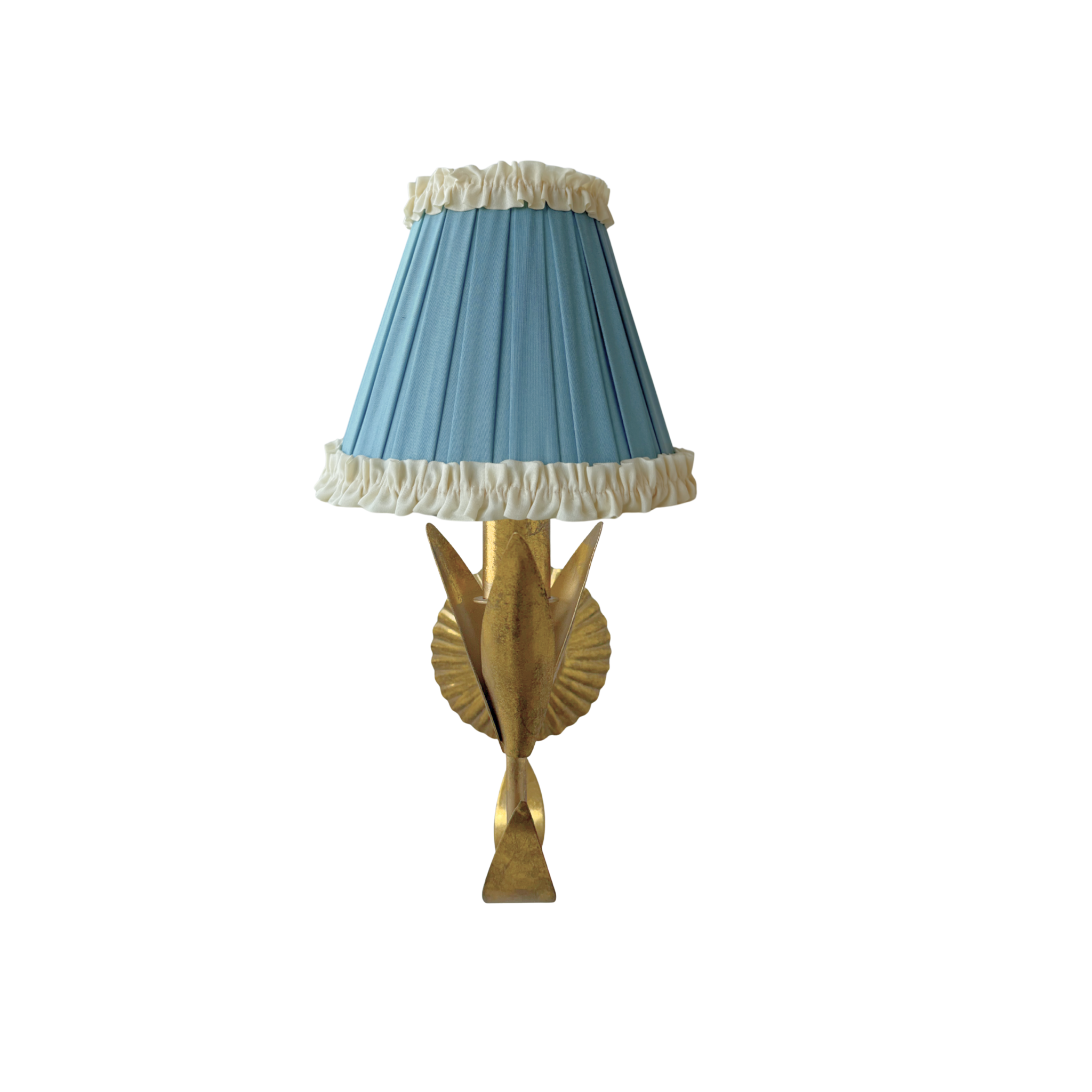 Audrey Sky Blue and Cream Ruffle Shade and La Fleur Antique Gold Wall Sconce - LUXE AND BEAU