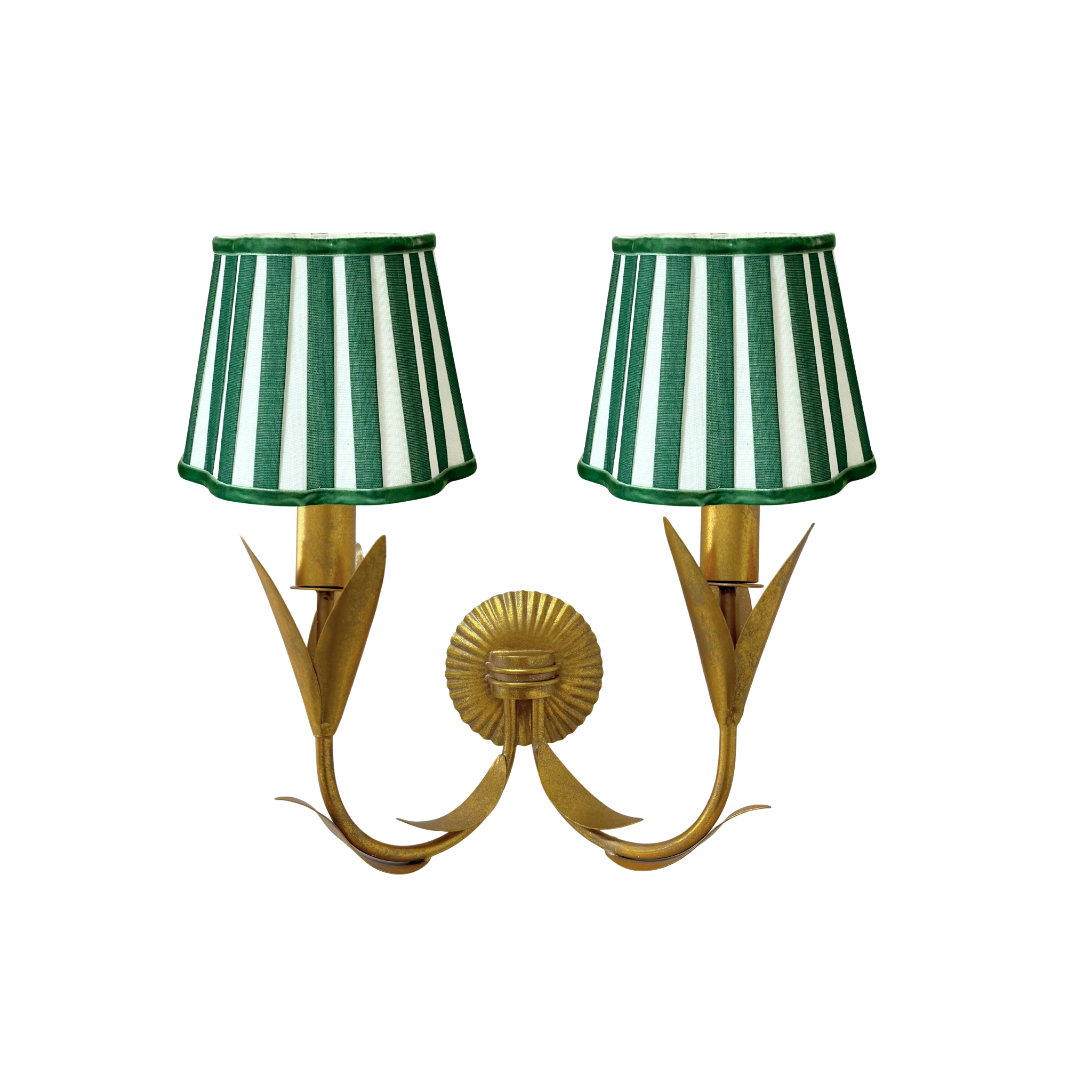 Green Stripe Scallop Shade and La Fleur Antique Gold Wall Sconce - LUXE AND BEAU