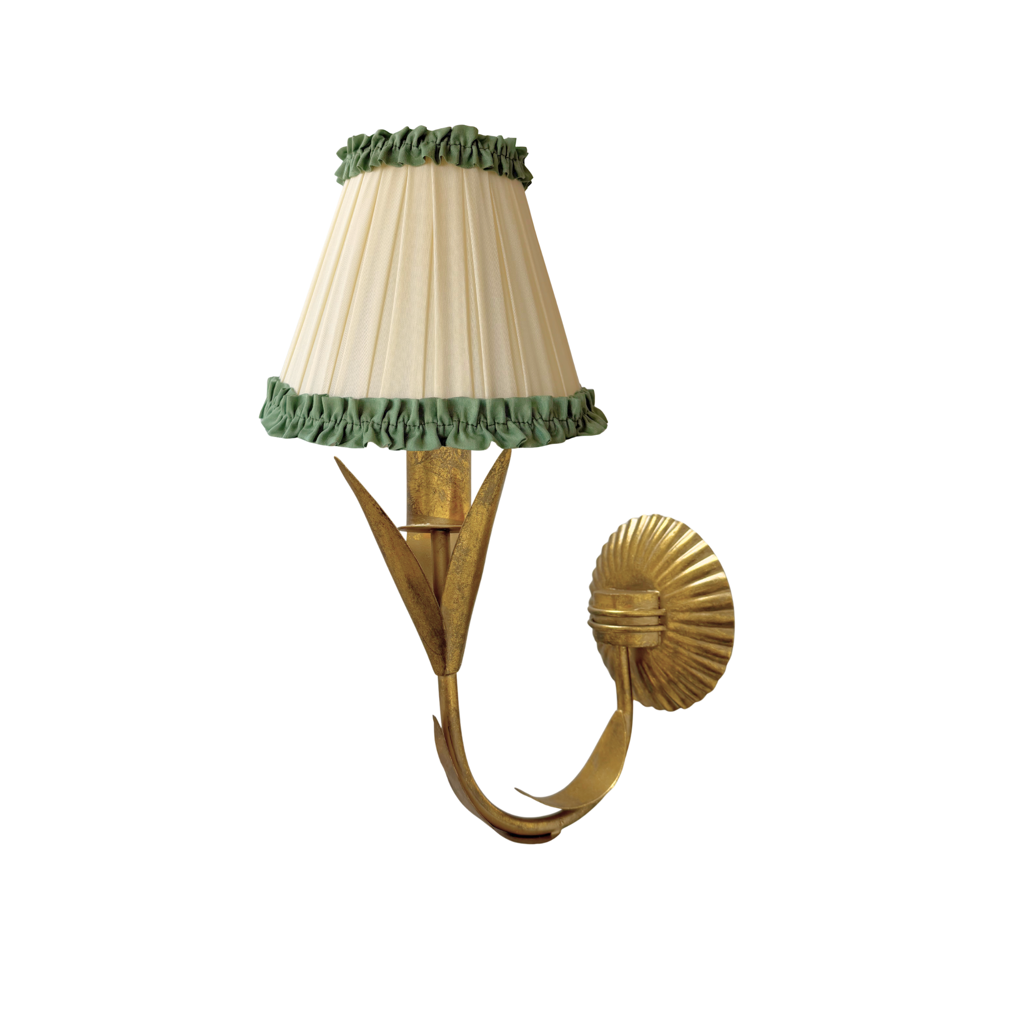 Audrey Cream and Hunter Green Ruffle Shade and La Fleur Antique Gold Wall Sconce - LUXE AND BEAU