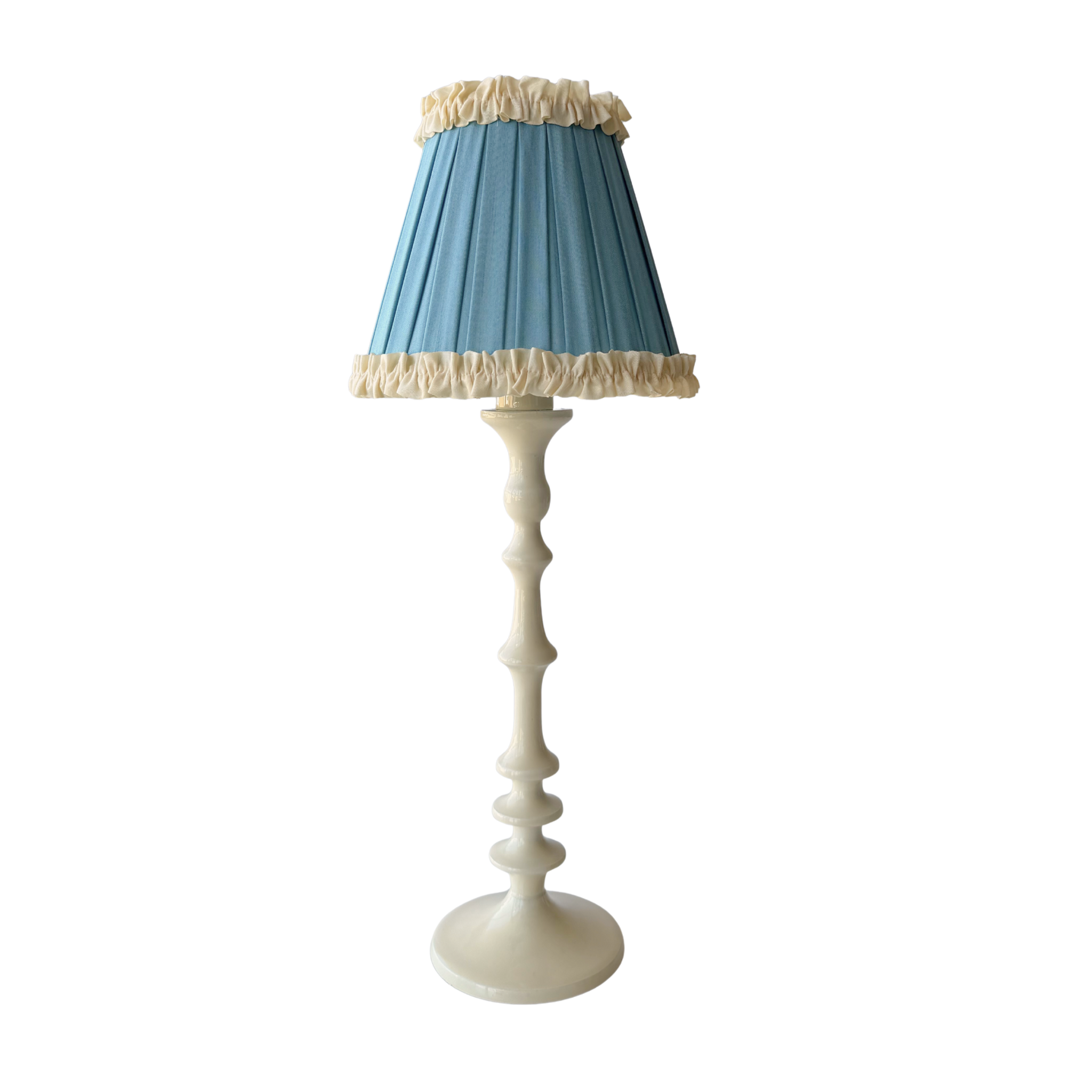Audrey Sky Blue and Cream Ruffle Lamp Shade & Ivory Base - Table Lamp - LUXE AND BEAU