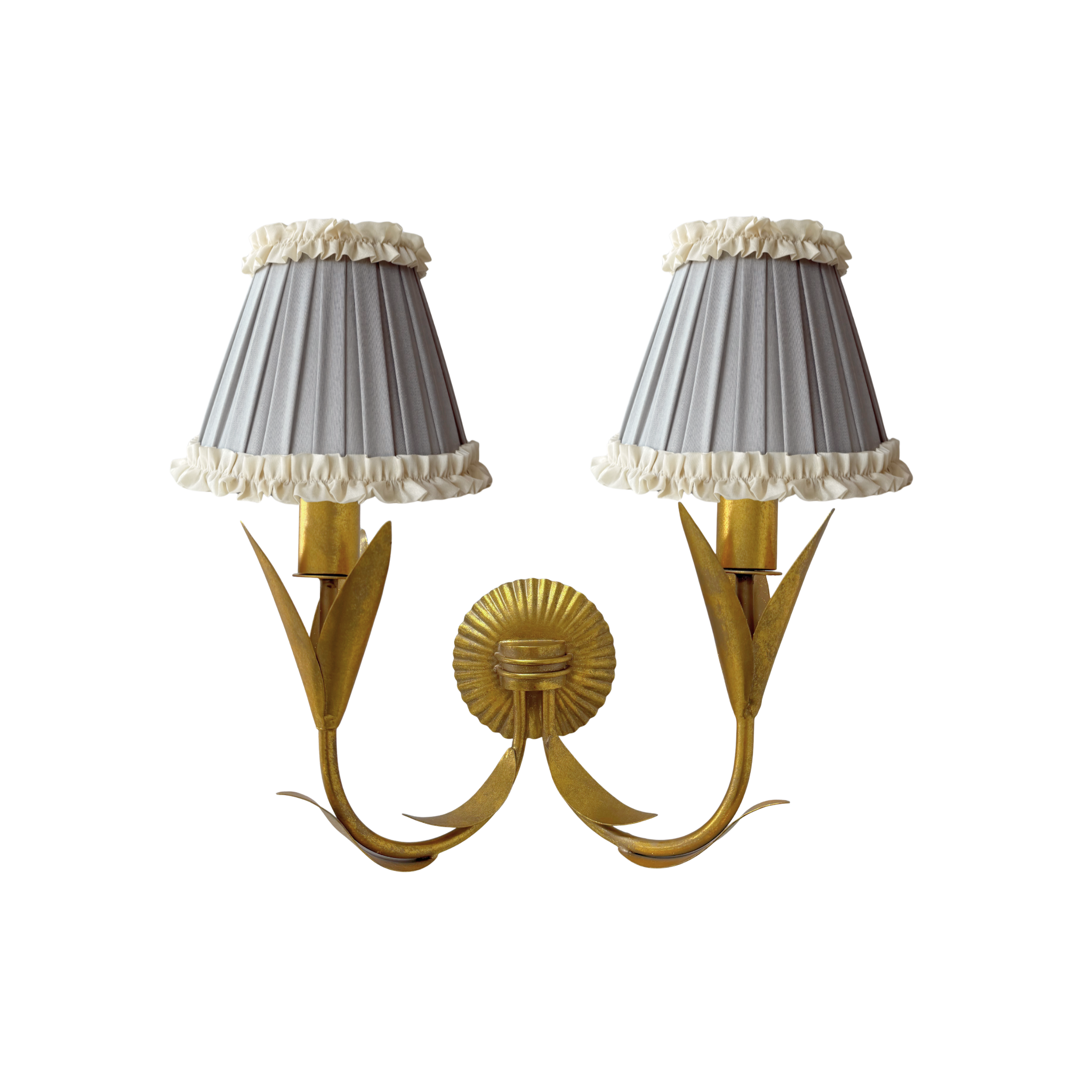 Audrey Grey and Cream Ruffle Shade and La Fleur Antique Gold Wall Sconce - LUXE AND BEAU