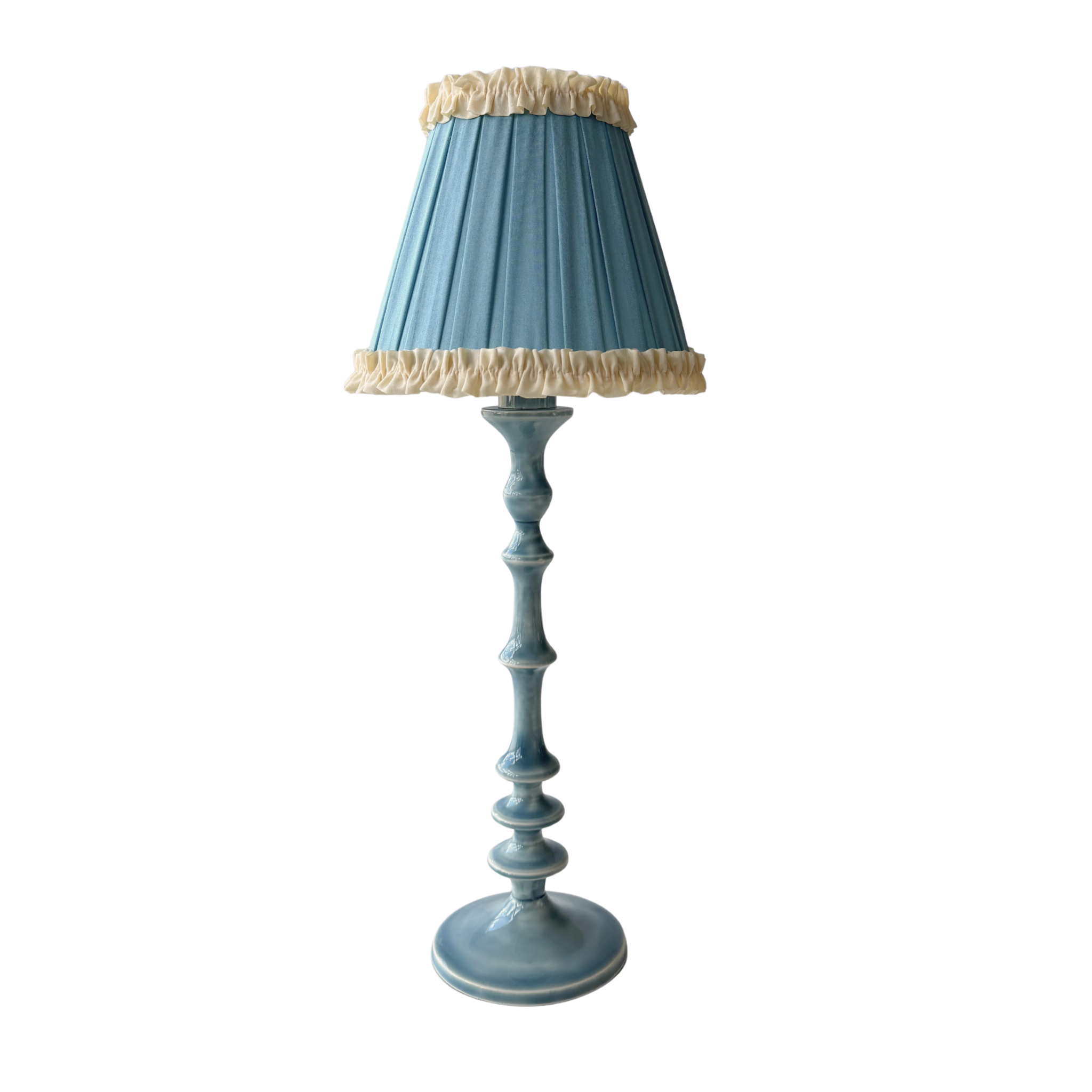 Audrey Sky Blue and Cream Ruffle Lamp Shade & Ocean Blue Base - Table Lamp - LUXE AND BEAU