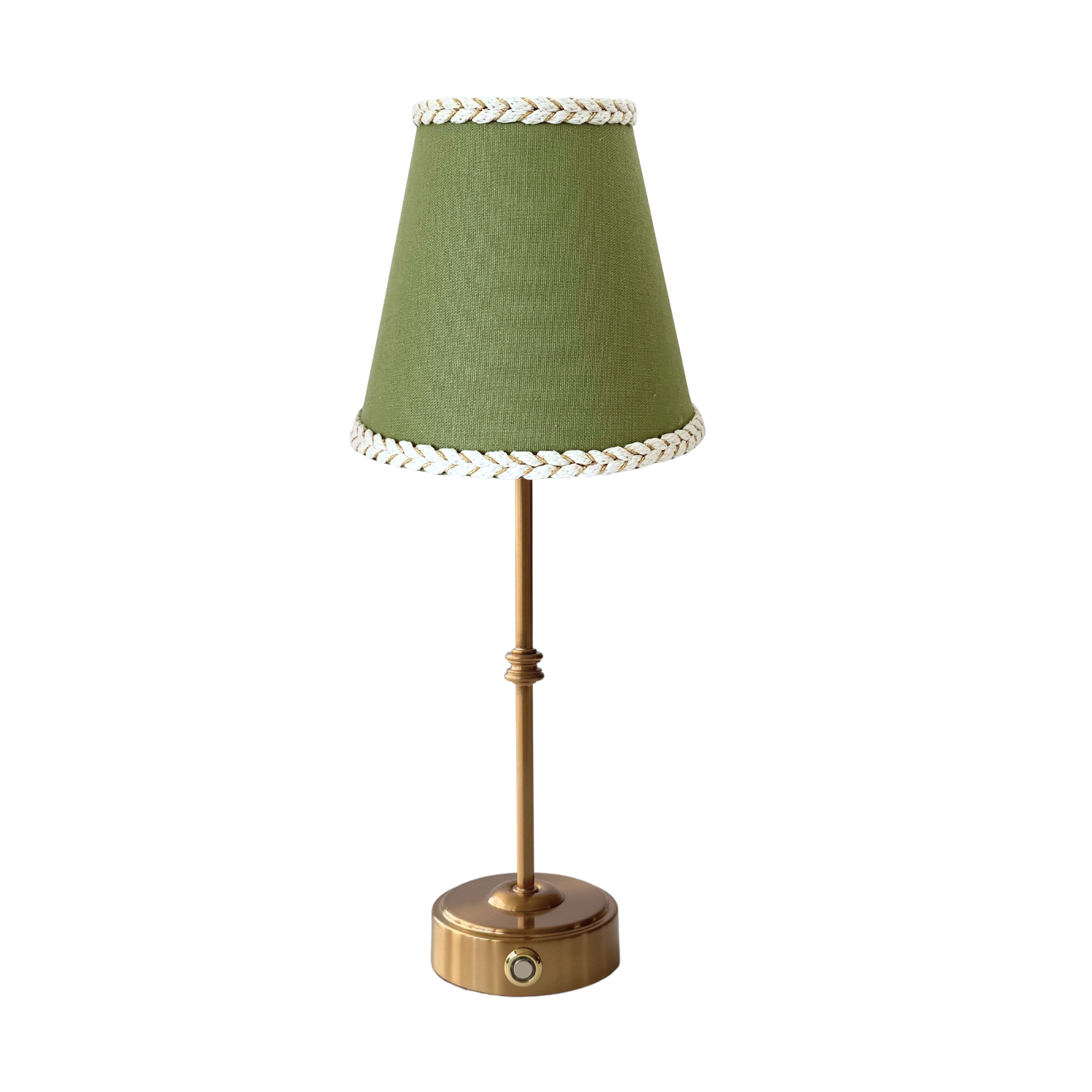 Moss Green Braided Trim Lamp Shade & Gold Base - USB Table Lamp - LUXE AND BEAU
